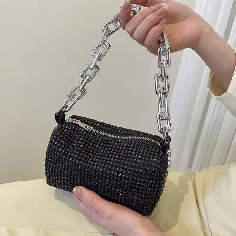 Leather Glitter Rhinestone Mini Crossbody Tote Bag in Black, Women's