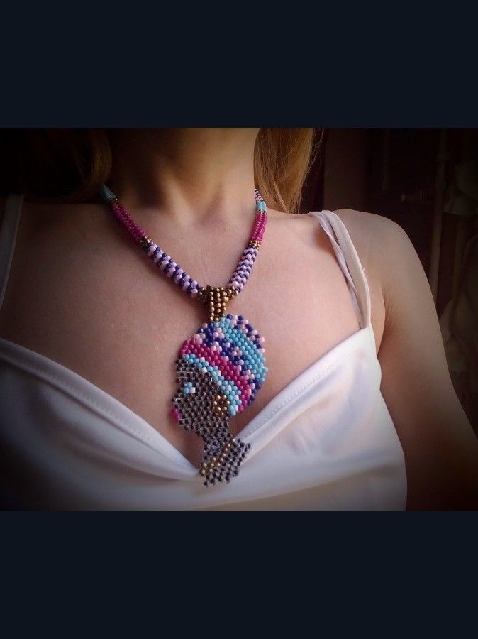Handmade Necklace Pink Blue Ethnic Tribal Pendant African Woman Size ONE SIZE - 6 Thumbnail