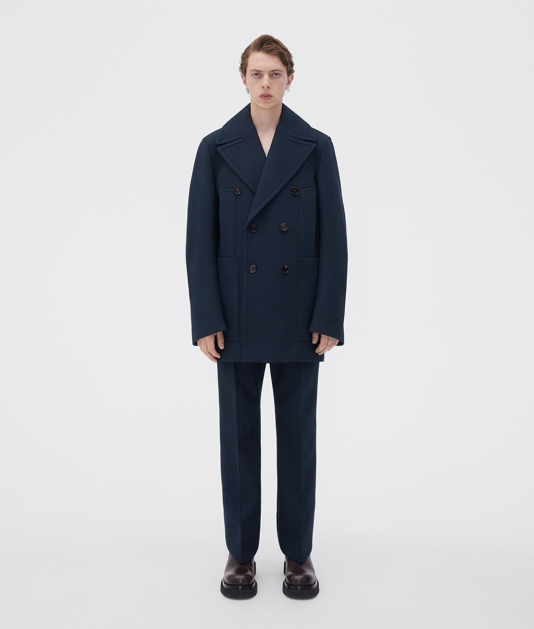 o1loc1c0424 715281 Curved Shape Double Wool Coat in Blue