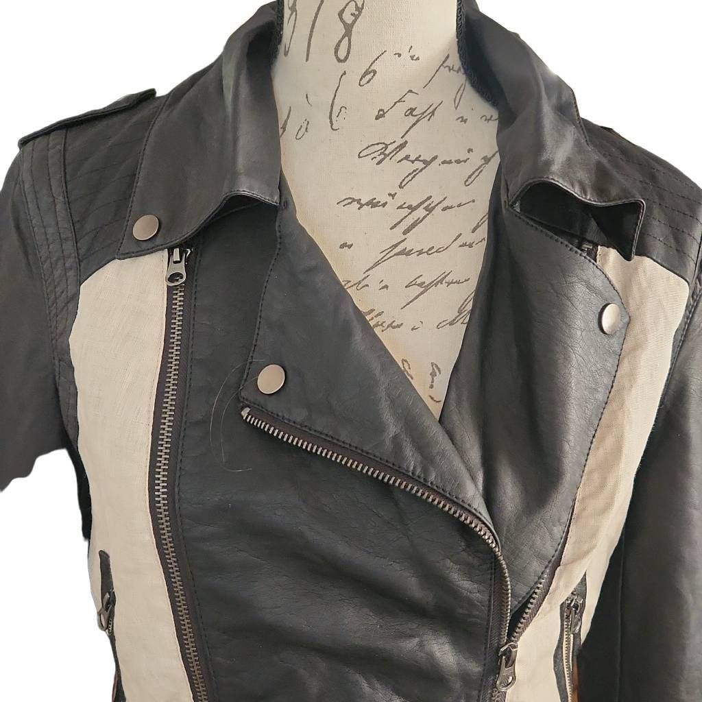 Bar III Bar III Women's Size Medium Black Cream Faux Leather Linen Moto Jacket Size M / US 6-8 / IT 42-44 - 5 Thumbnail