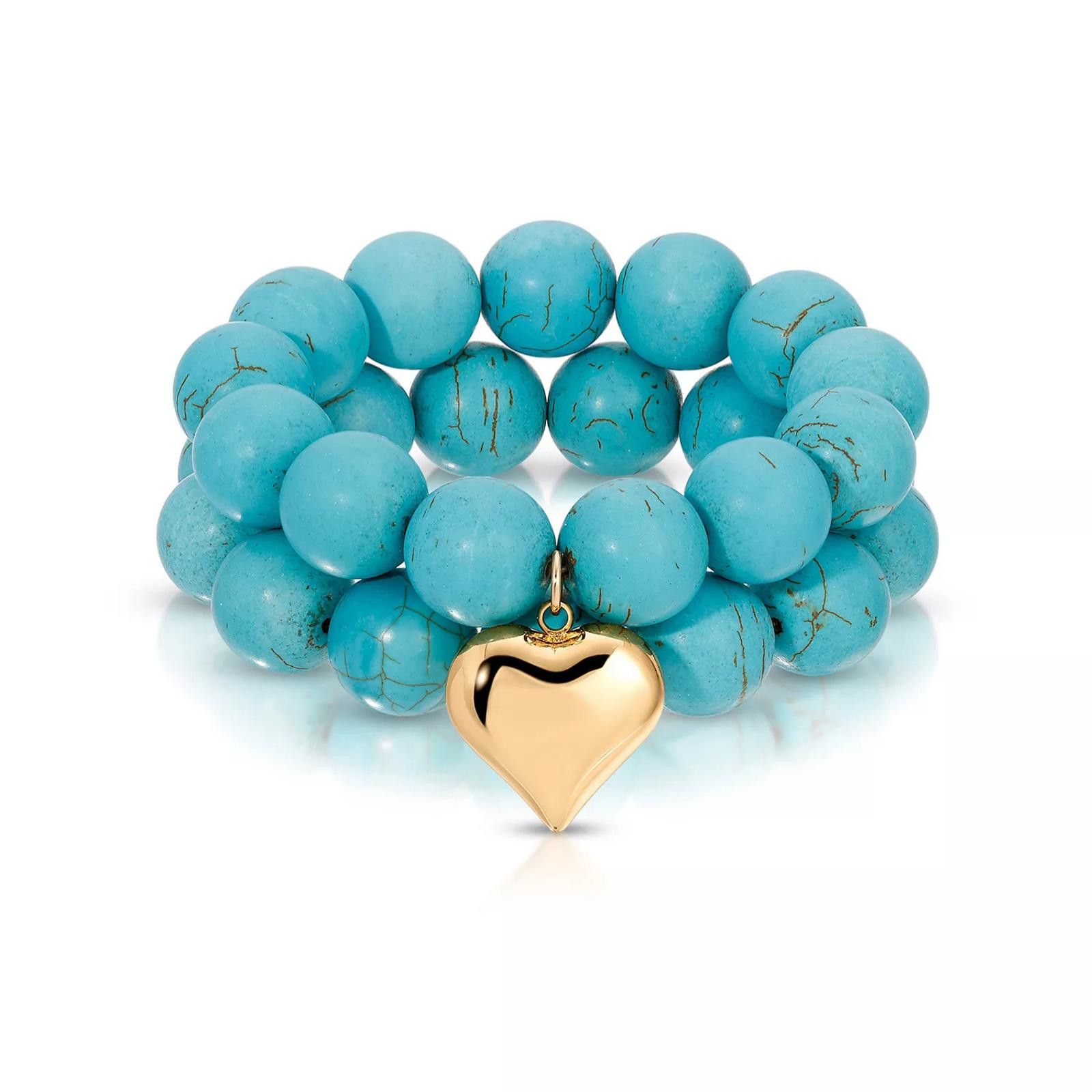 Other ETTIKA Turquoise and Gold Heart Beaded Elastic Bracelet Set Size ONE SIZE - 1 Thumbnail
