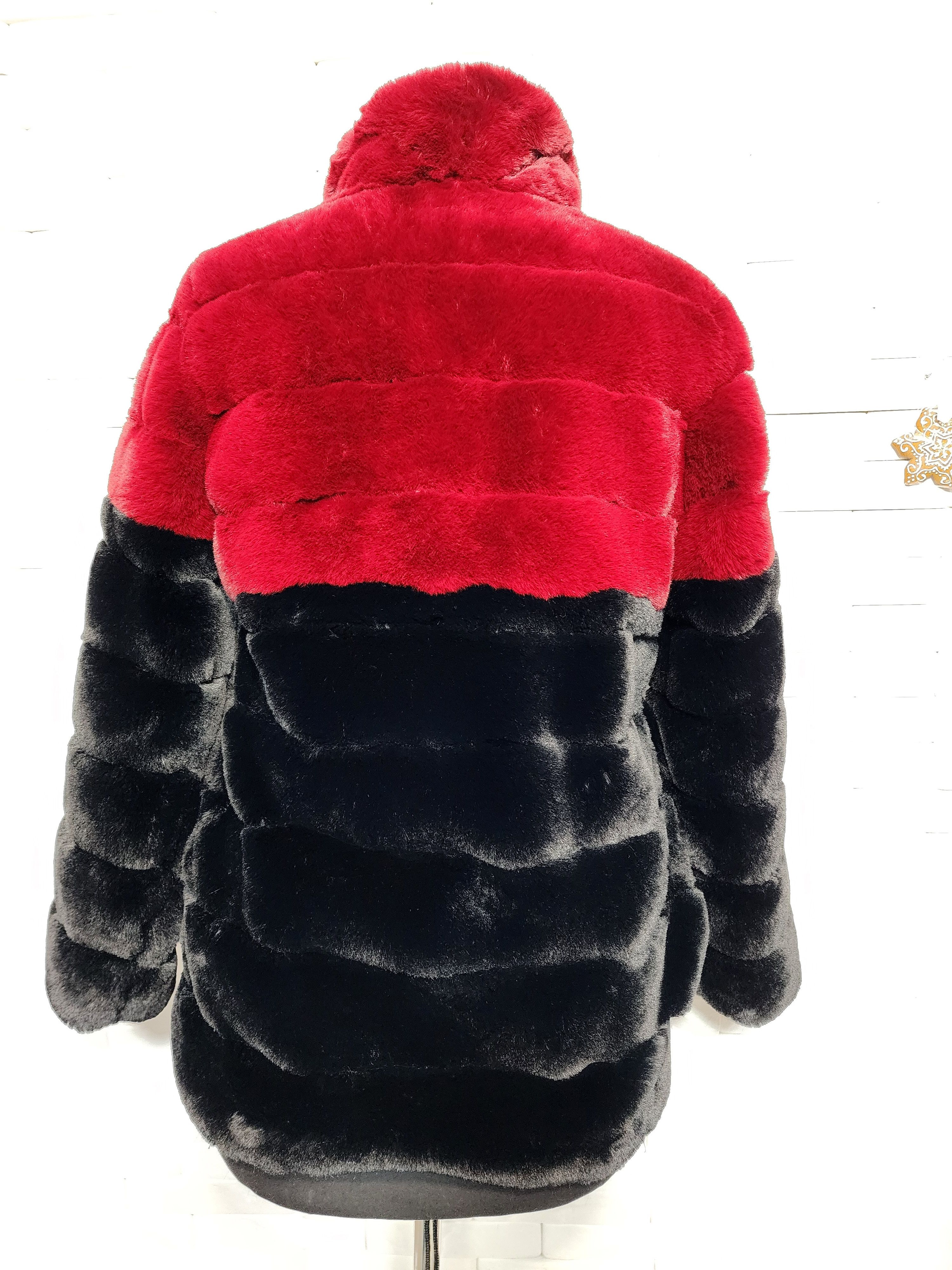 Furla Red @ Black Faux Fur Coat: Women's Warm Winter Outerwear Size M / US 6-8 / IT 42-44 - 4 Thumbnail