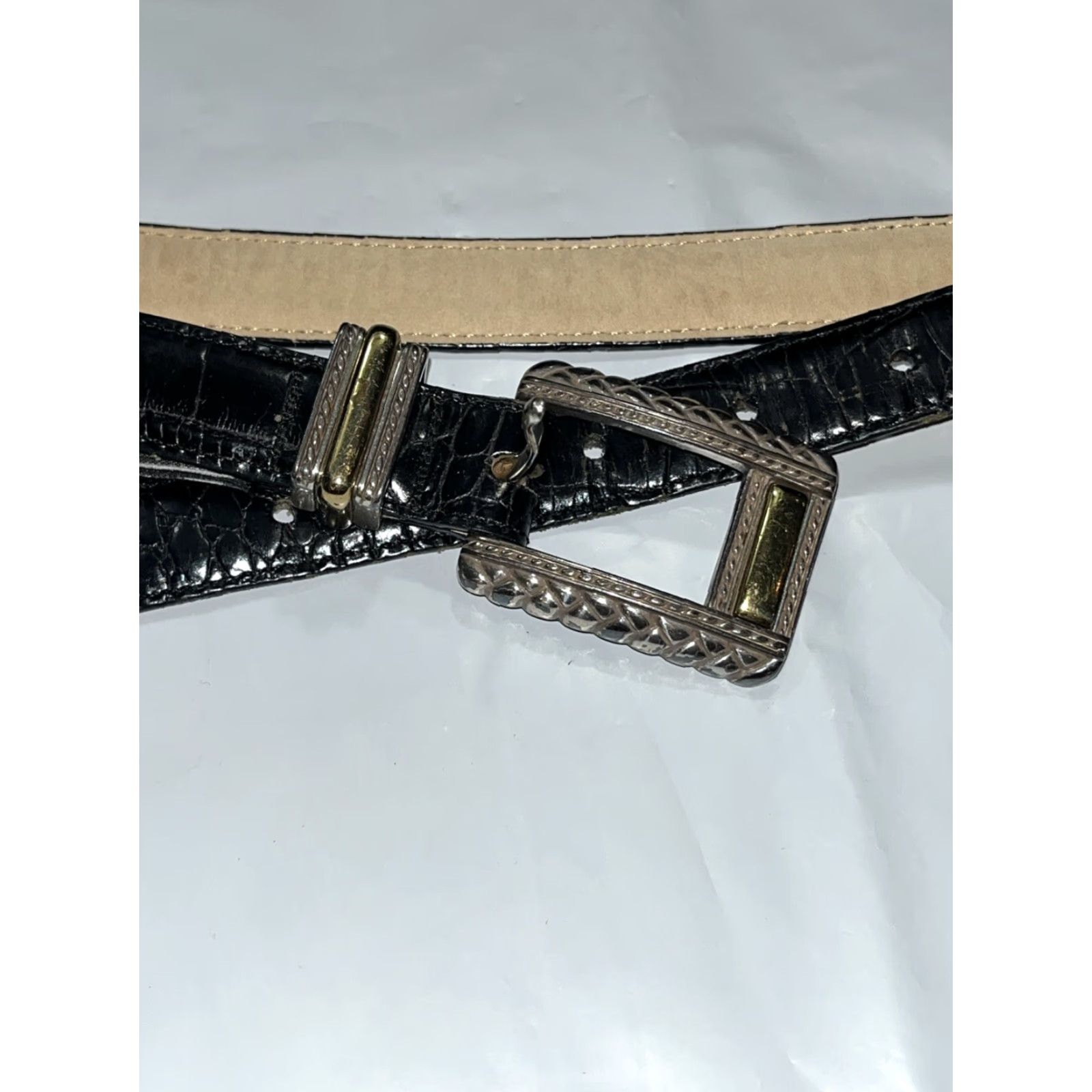 Brighton VINTAGE Brighton BELT Women Large Black Leather Croc Print Gold Silver Chain Links 44203 LRG Size ONE SIZE - 6 Thumbnail