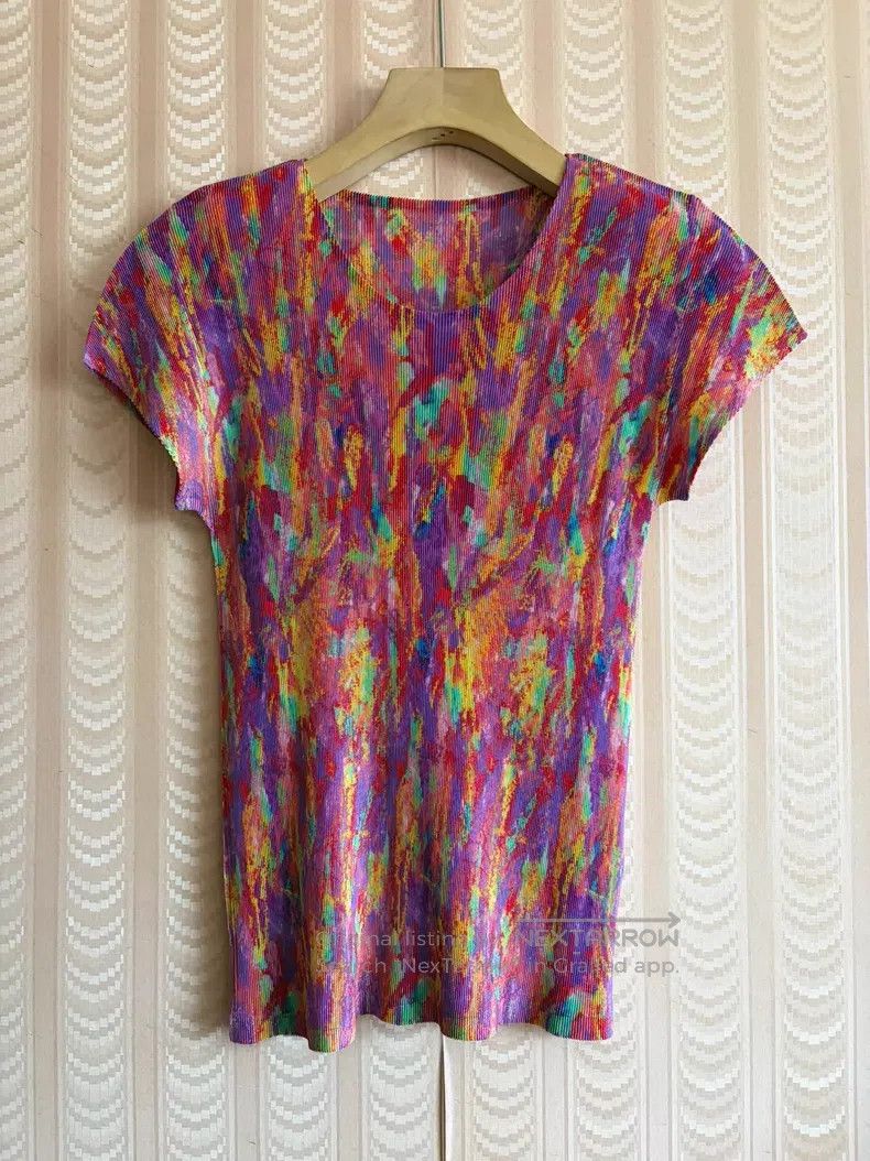 Issey Miyake Issey Miyake Color Ink Wash Pleated Short Sleeve Top Size L / US 10 / IT 46 - 1 Thumbnail