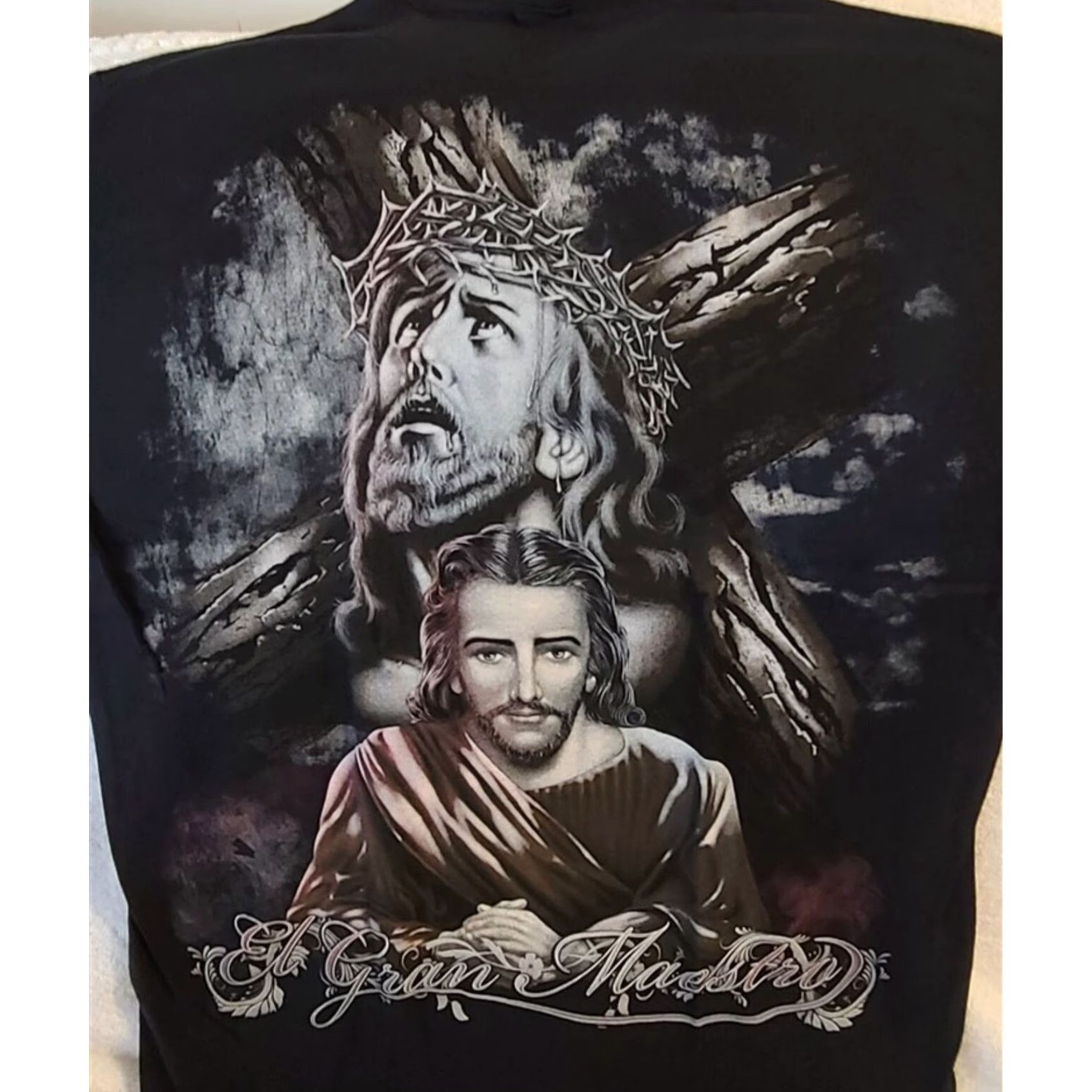Vintage Black Jesus Christ Crown of Thorns Graphic Tee Men's Medium Size US L / EU 52-54 / 3 - 2 Thumbnail