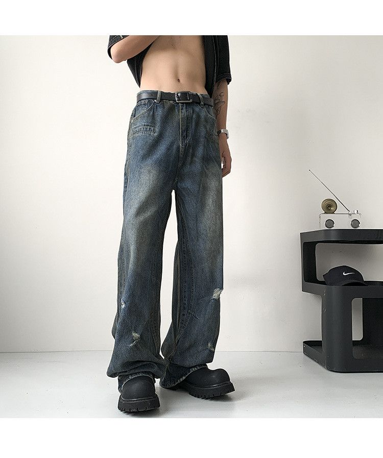Japanese Brand × Jean Men's American washed wide-leg distressed straight jeans Size US 32 / EU 48 - 5 Thumbnail