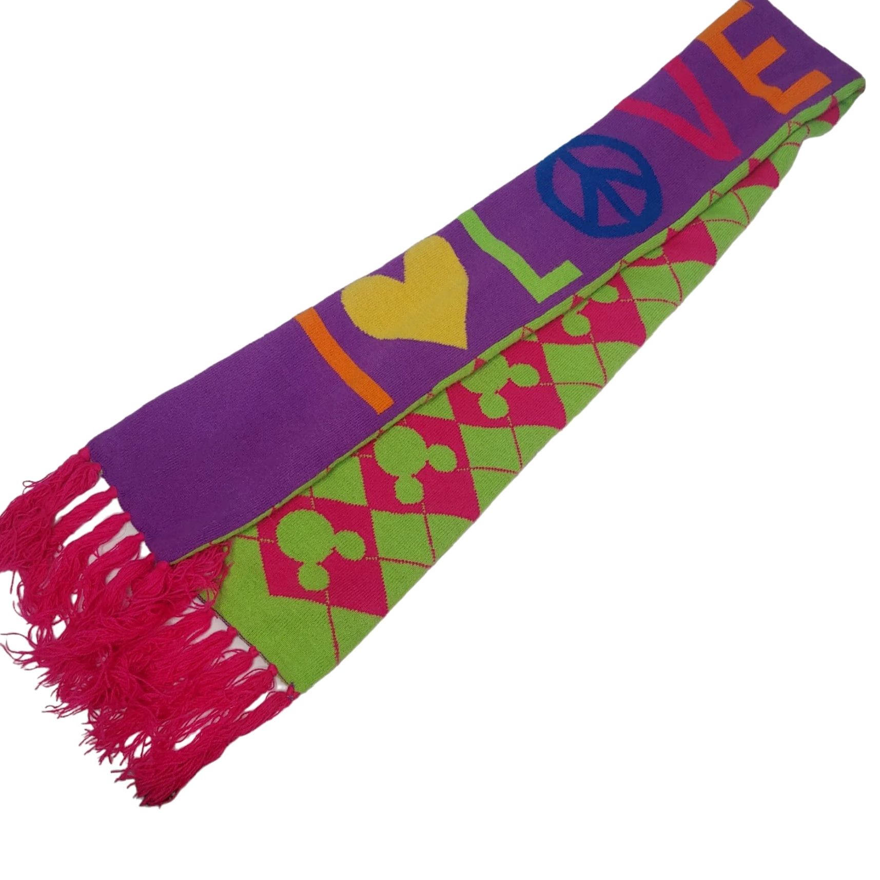 Disney Walt Disney Parks I Love Mickey Scarf Reversible Argyle Diamond Knit 78" Womens Winter Fringe Multicolor Size ONE SIZE - 3 Thumbnail