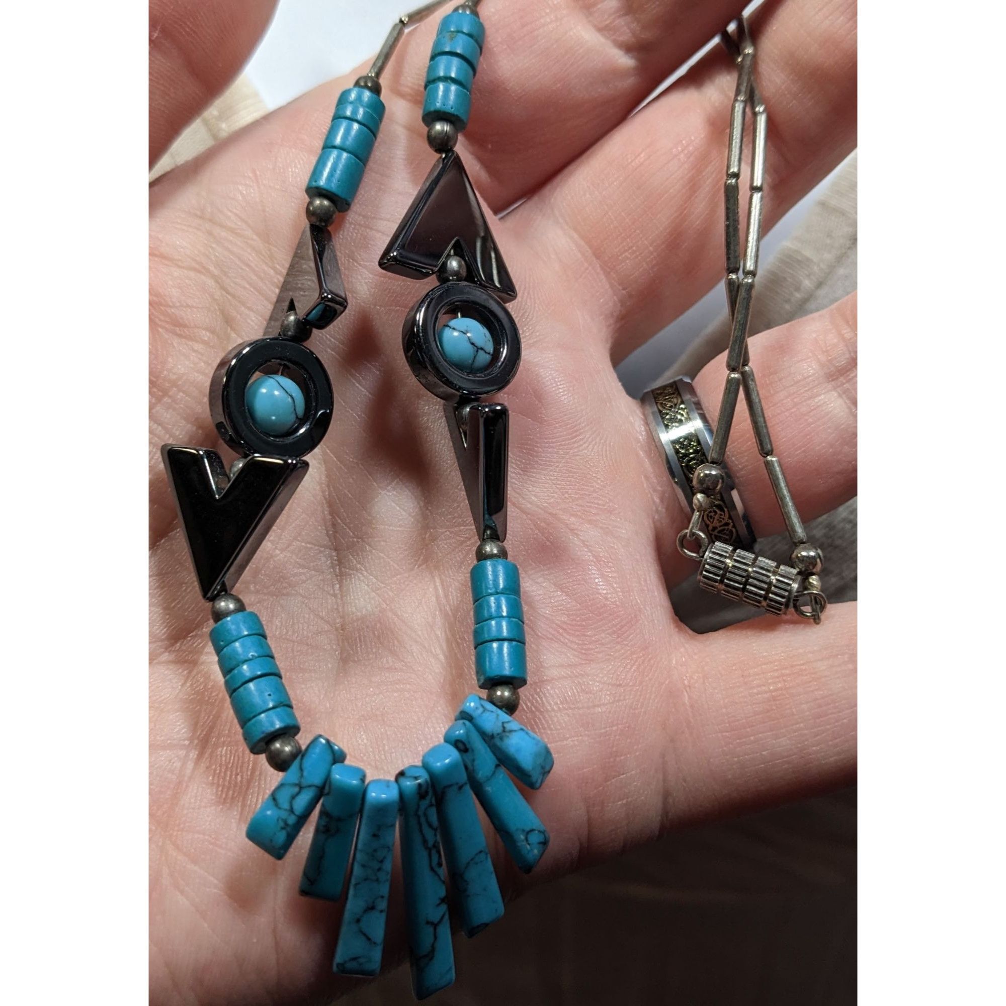Other Vintage Southwestern Hematite Liquid Silver And Faux Turquoi Size ONE SIZE - 3 Thumbnail
