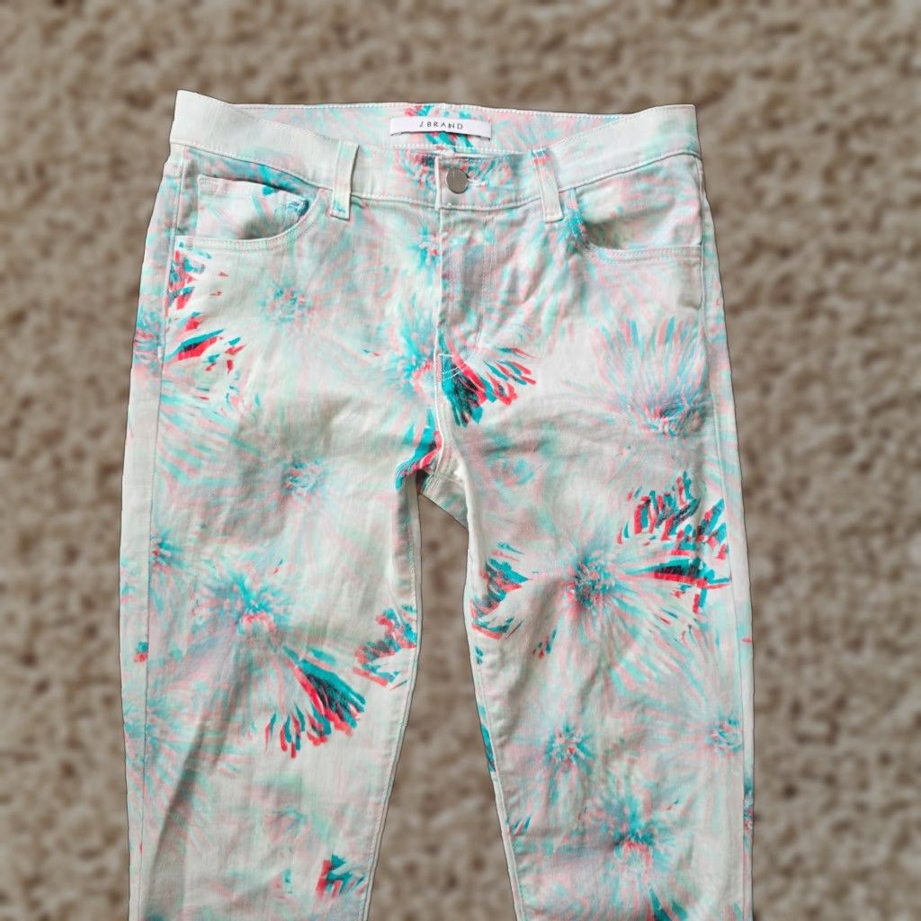 J Brand J Brand Pants Womens 29 White Floral Art To Wear Stretch Skinny Casual Green Twill Cotton Ankle Regular Women Mens Size 29" - 1 Thumbnail