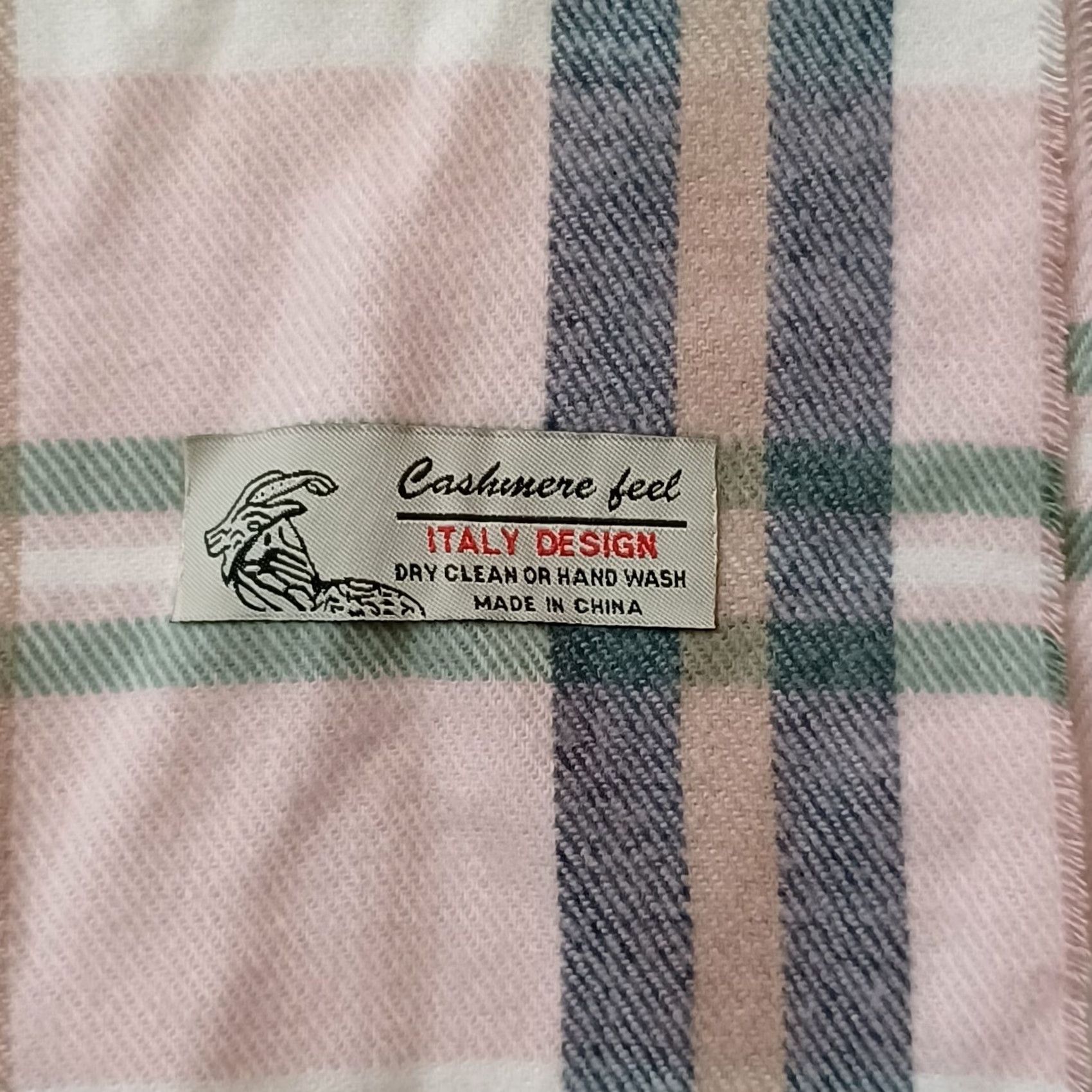 Vintage Italy Design Cashmere Feel Scarf Rectangle Pink Ivory Blue Plaid Fringe Winter Women Size ONE SIZE - 2 Thumbnail
