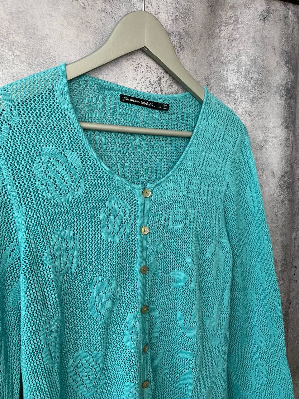 Designer Gudrun Sjoden Green Cotton Pointelle Knit Cardigan Sweater Size M / US 6-8 / IT 42-44 - 4 Thumbnail