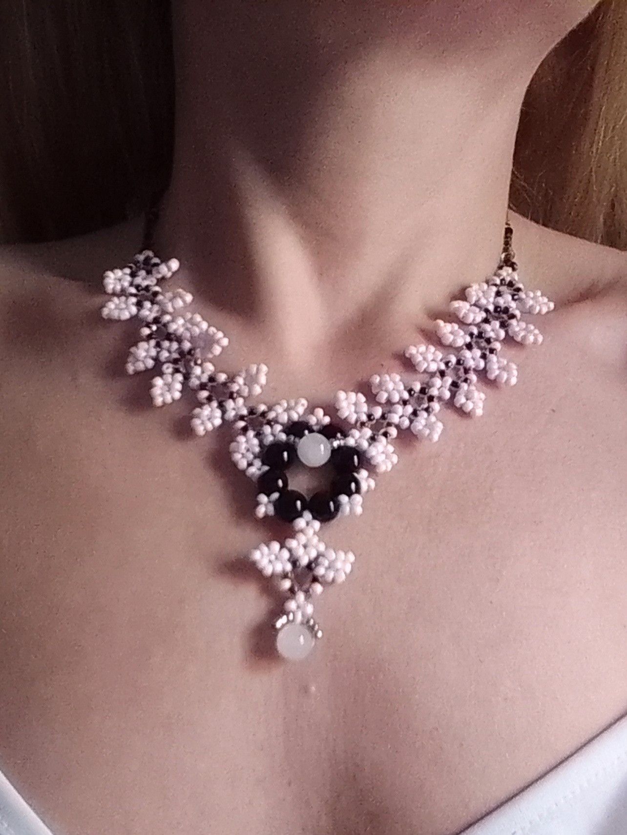 Handmade Necklace Black Pink Natural Rose quartz Stones Size ONE SIZE - 1 Thumbnail