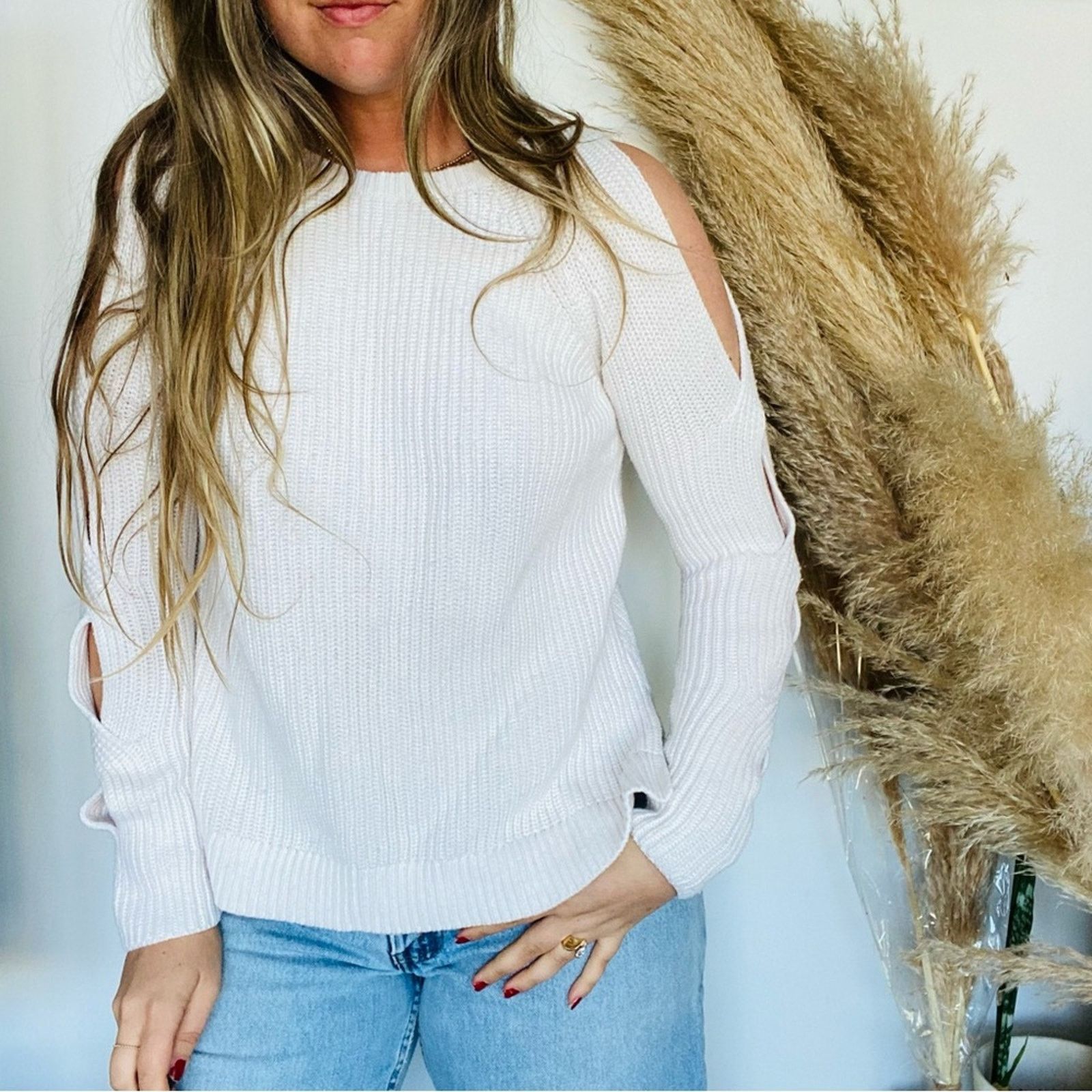 ANN TAYLOR LOFT White Cutout Open Chunky Knit Sweater