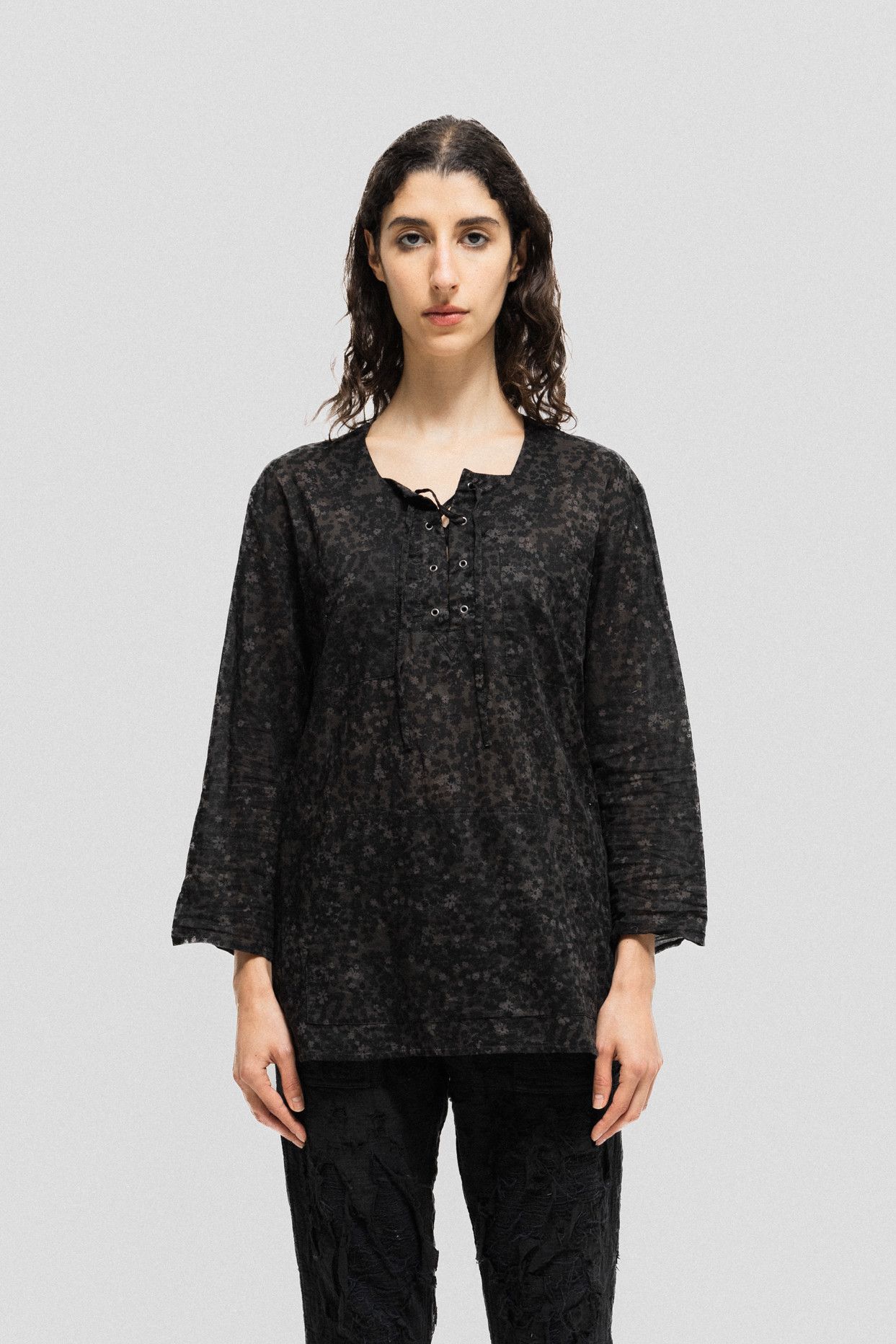 image of Undercover Ss03 "scab" Lace Up Blouse With A Dark Floral Pattern in Black/Grey, Women's (Size Mediu