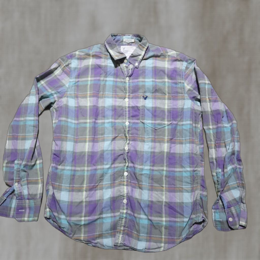 American Eagle Outfitters VINTAGE American Eagle Outfitters Shirt Men L Blue Plaid Button-Up Long Sleeve Wide Collar 90s Theme History Decade Mens Size US L / EU 52-54 / 3 - 1 Thumbnail