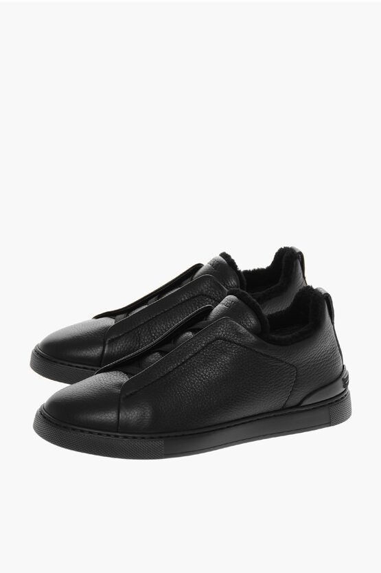image of Ermenegildo Zegna Textured Leather Triple Stitch Low-Top Sneakers With Faux Fu in Black (Size 11)