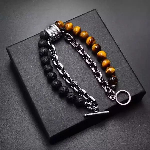 Japanese Brand Black Matte + Brown Tiger Eye Bead + Chain Bracelet Size ONE SIZE - 2 Thumbnail