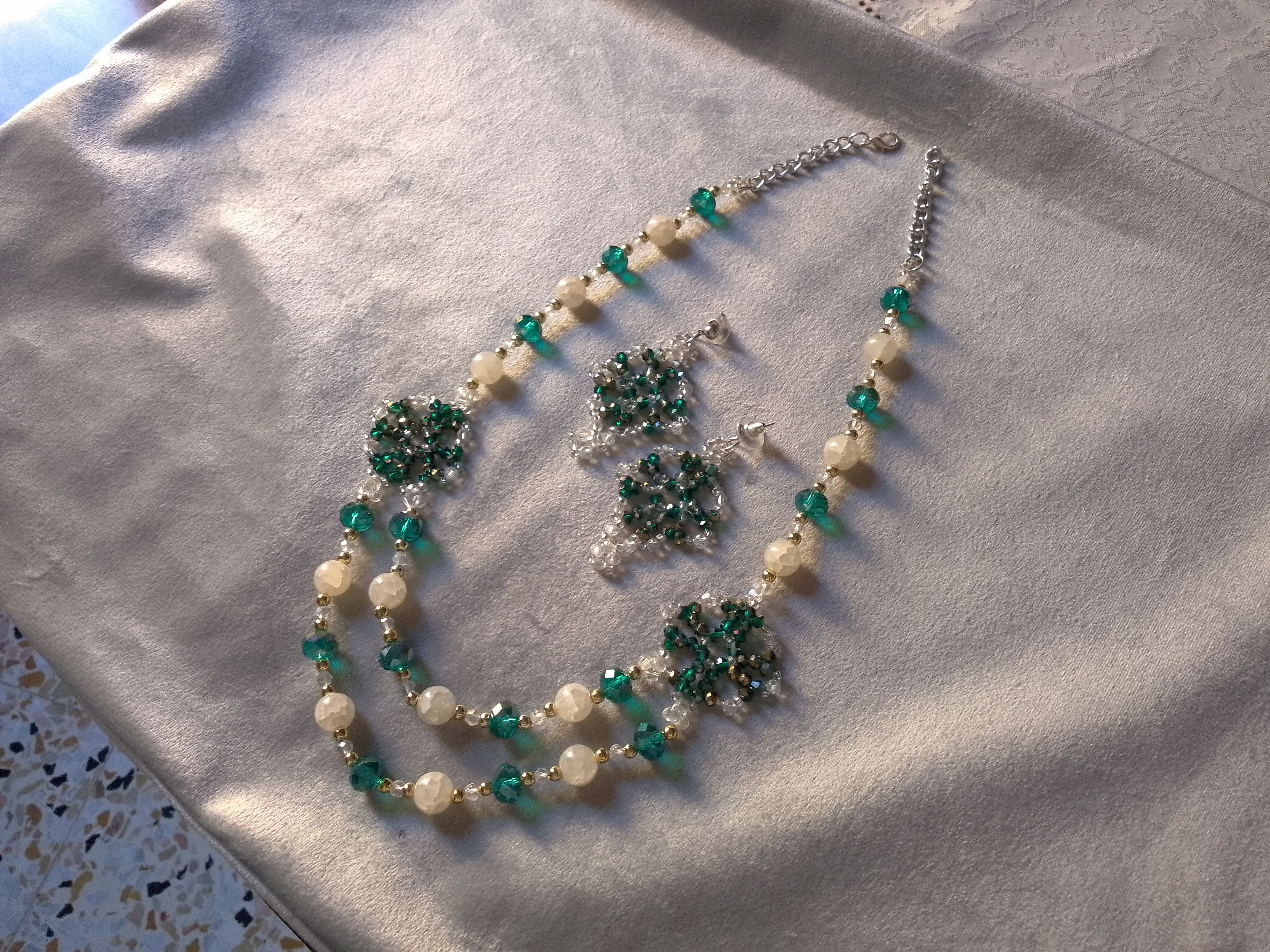 Handmade Necklace Long Green Crystal White Gemstones Earrings Size ONE SIZE - 8 Thumbnail
