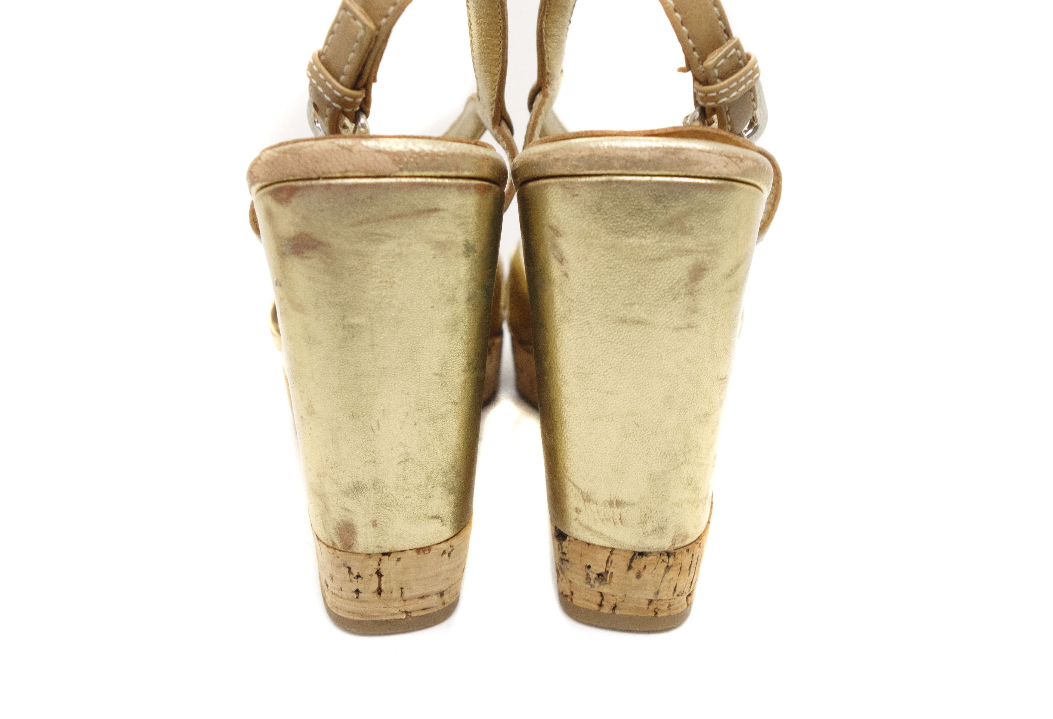 Prada 00s Metallic Cork Wedge Strappy Peep Toe Heels y2k Size US 9 / IT 39 - 6 Thumbnail