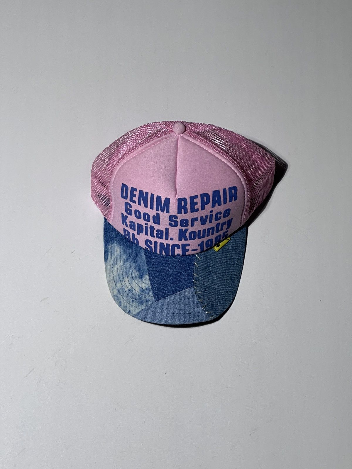 image of Kapital Denim Repair Patchwork Trucker Hat in Pink, Men's