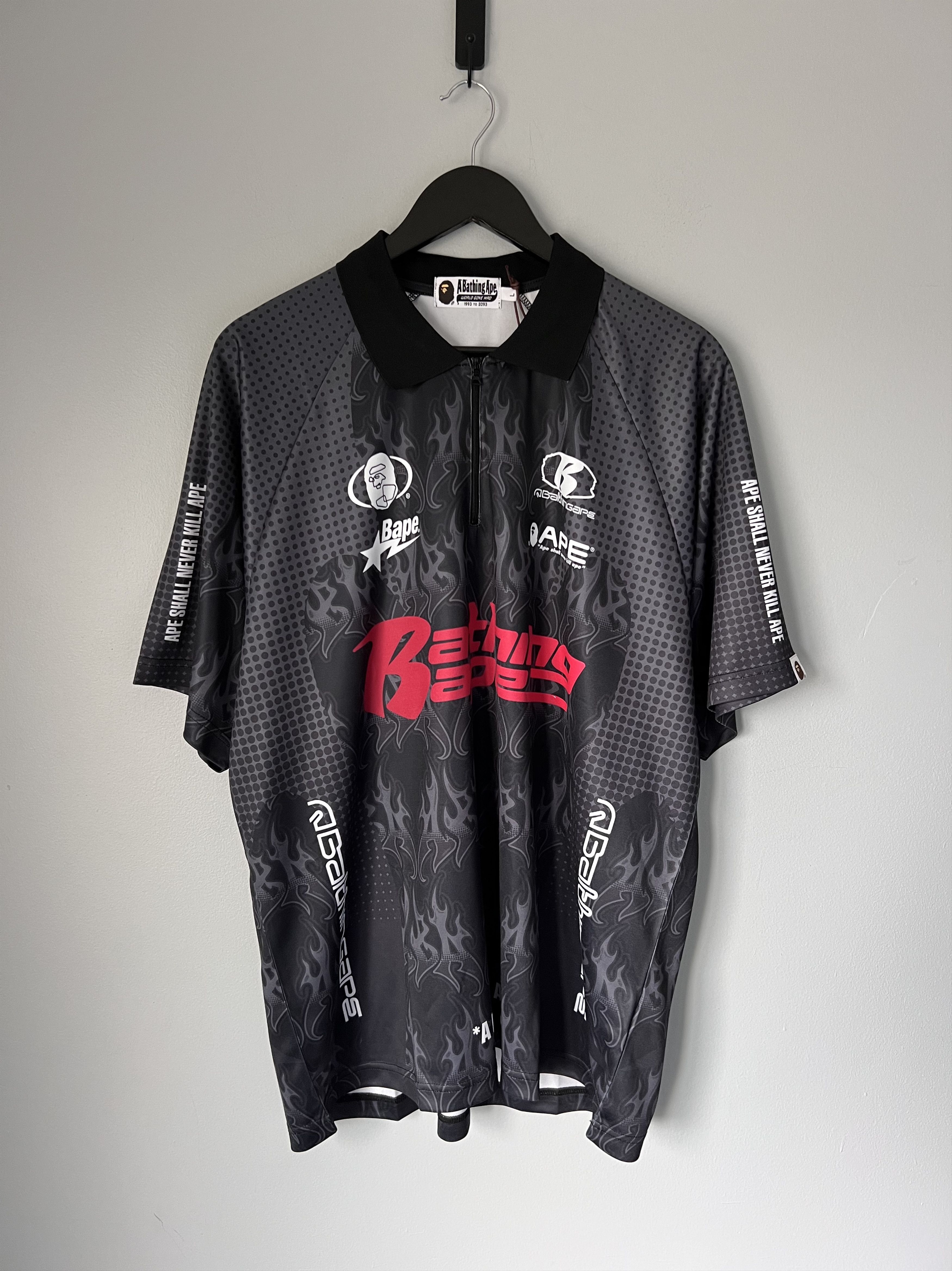 Bape Bape Flame Pattern Overall Half Zip Polo Jersey in Black Size US L / EU 52-54 / 3 - 1 Thumbnail