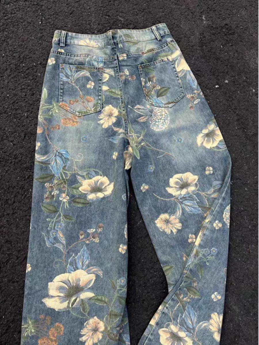 Jean Washed Blue Relaxed Fit Floral Denim Jeans Size US 32 / EU 48 - 4 Thumbnail