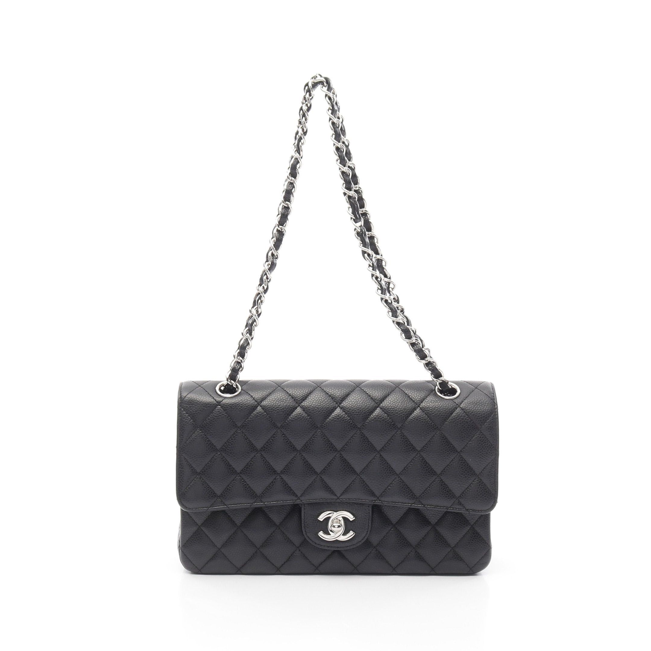 Chanel Matelasse Double Flap Chain Shoulder Bag Caviar Skin Black Silver Hardware, Women's