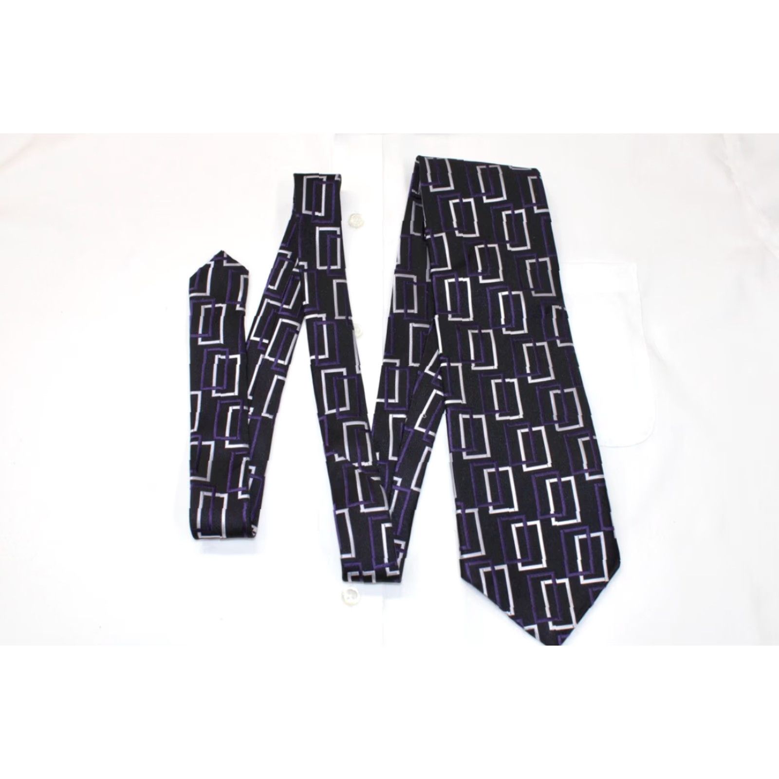 Etro Roberto Villini Couture Mens Silk Tie Black Retro Geometric Rectangles Necktie - 58.5" X 4" Size ONE SIZE - 2 Thumbnail
