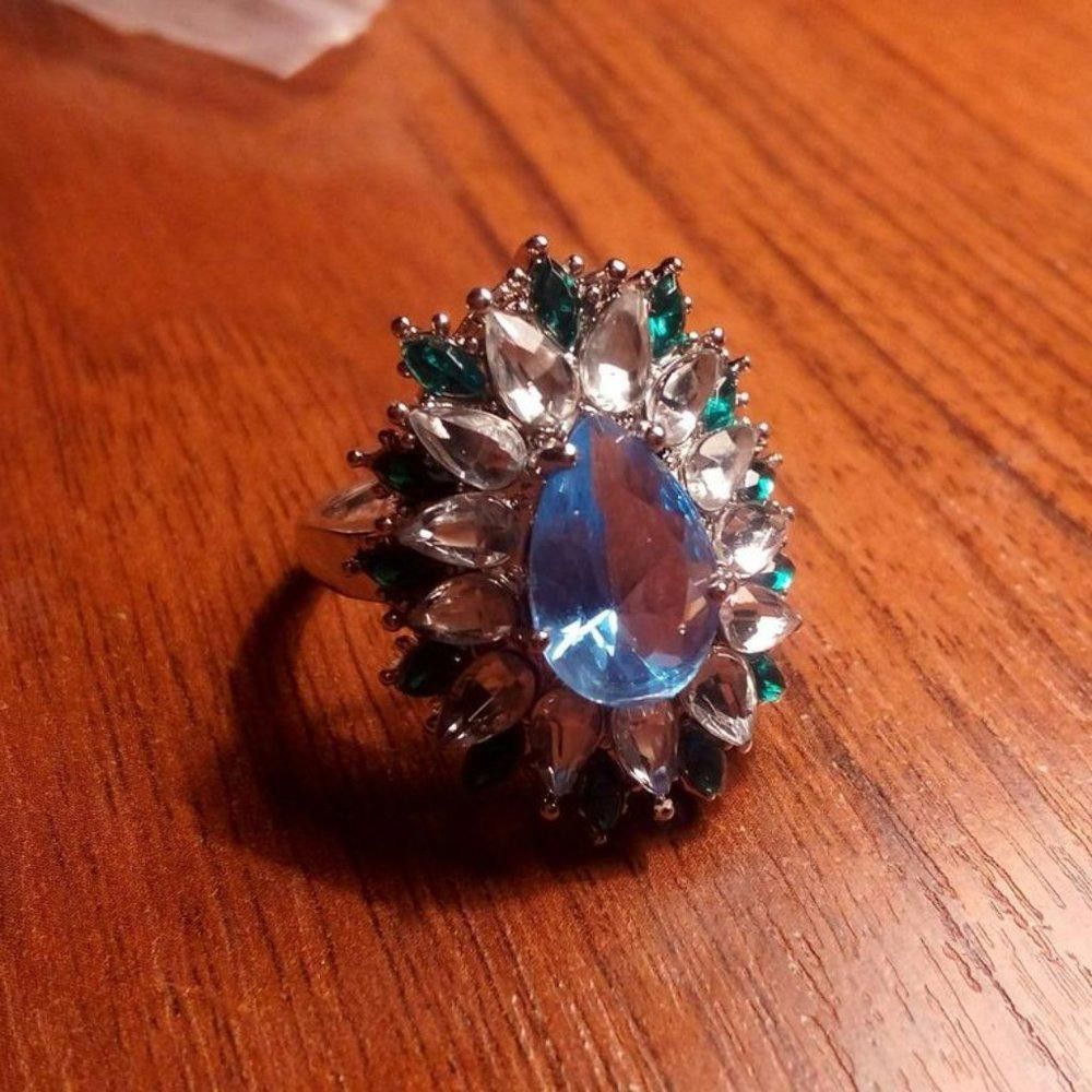 Designer 25mm Pear Cut Blue Water Drop Topaz Flower Ring - Size 6 Size ONE SIZE - 6 Thumbnail