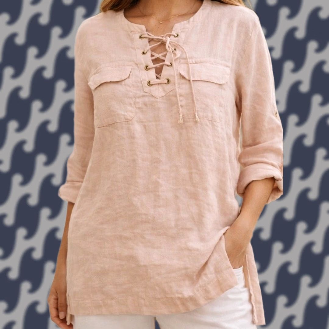 Ellen Tracy Ellen Tracy Blouse Tunic M Linen Blush Pink Lace Up V-Neck Casual Sleeve Boho Coastal Minimal Women's Size M / US 6-8 / IT 42-44 - 1 Thumbnail