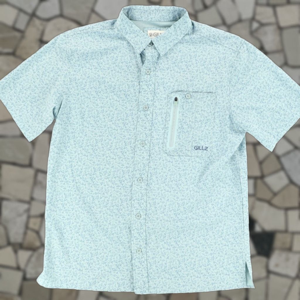 Vintage Gillz Flying Fish Print Fishing High Stretch Polyester All Over Print Button Up Shirt Green Men's M Size US M / EU 48-50 / 2 - 1 Thumbnail