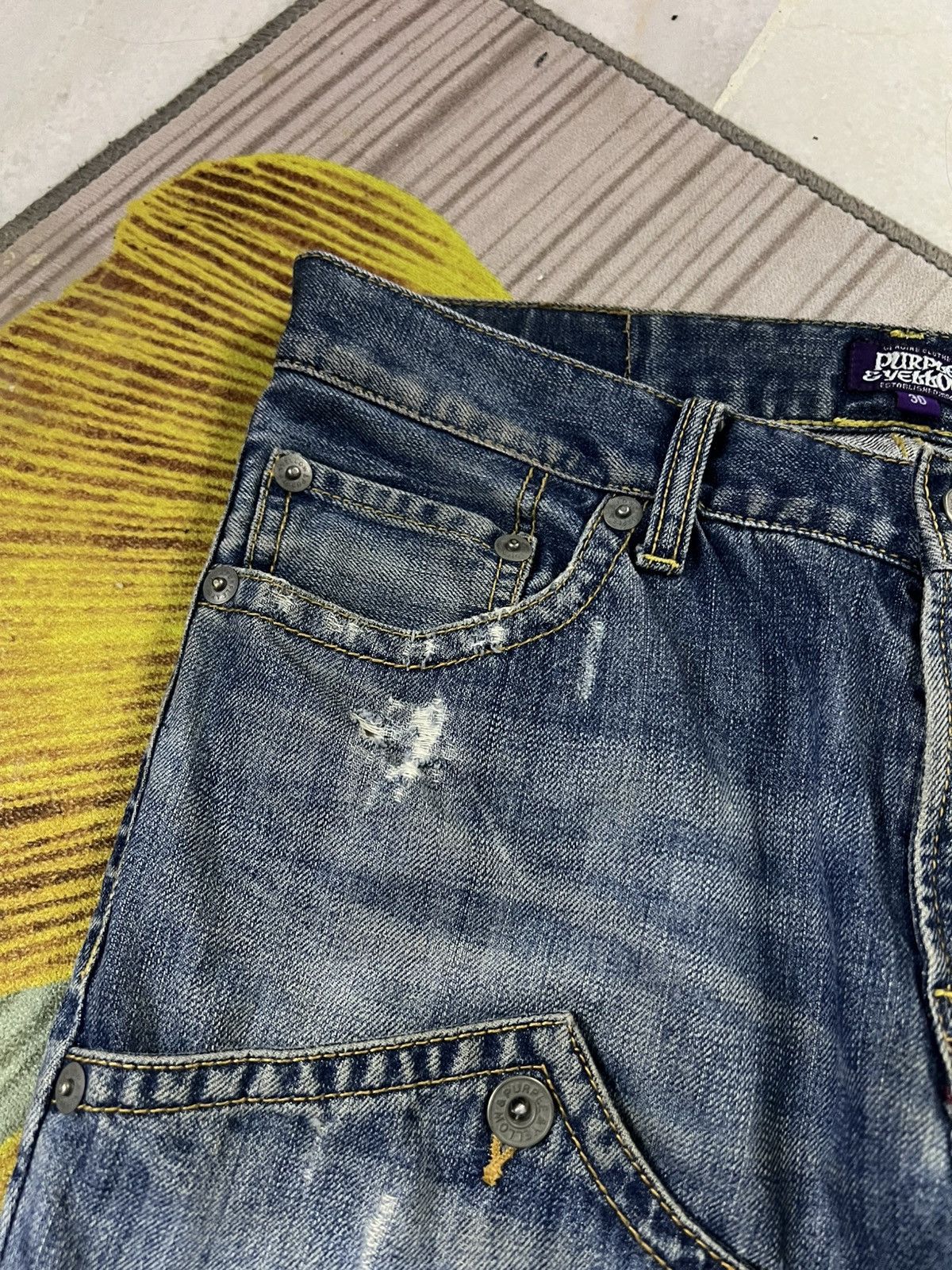 Japanese Brand 💥Twist Leg💥Purple & Yellow Distress Backle Back Flare Jean Size US 31 - 13 Thumbnail