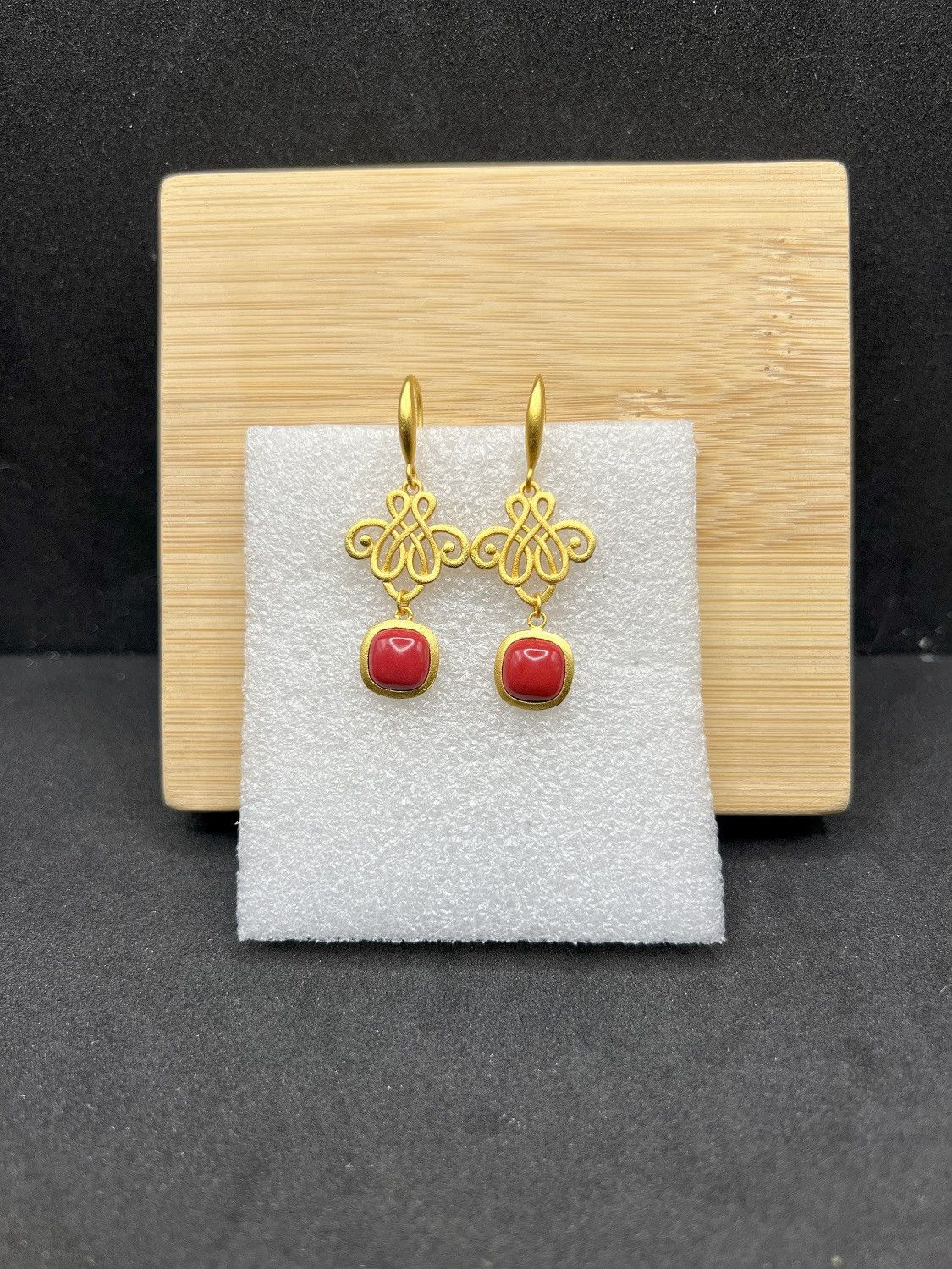 Jewelry Red Square Cinnabar Beads Gold Dangle Earrings Size ONE SIZE - 1 Thumbnail