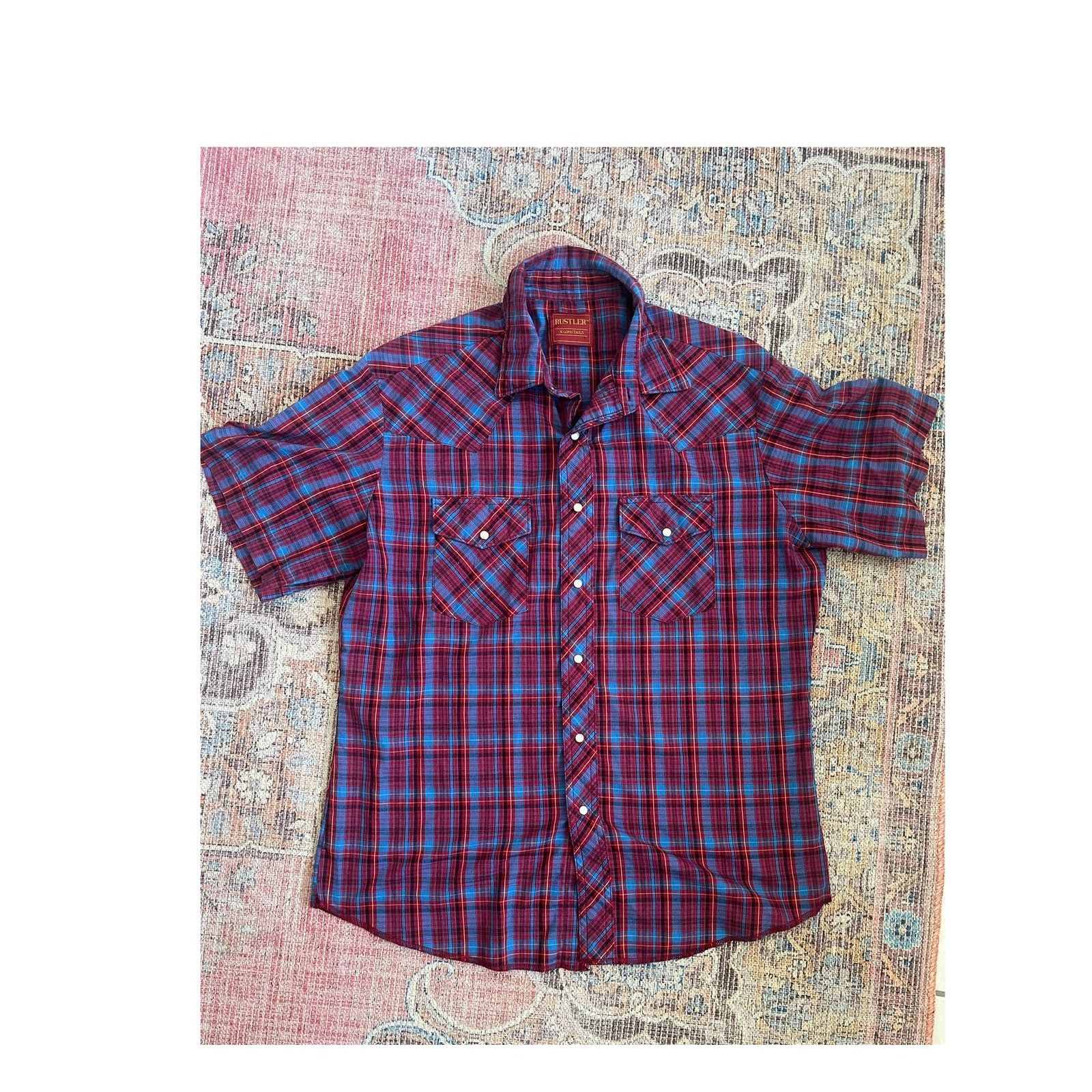 Rustler Rustler Plaid Snap Button Up Shirt Maroon Blue Size XLT Size US L / EU 52-54 / 3 - 1 Thumbnail