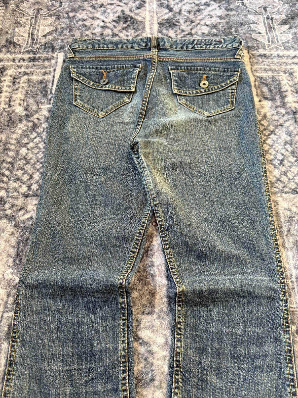 Le Grande Bleu (L.G.B.) Happy Face Contrast Stitch Whiskered Bootcut Flared Jeans Size US 28 / EU 44 - 13 Thumbnail