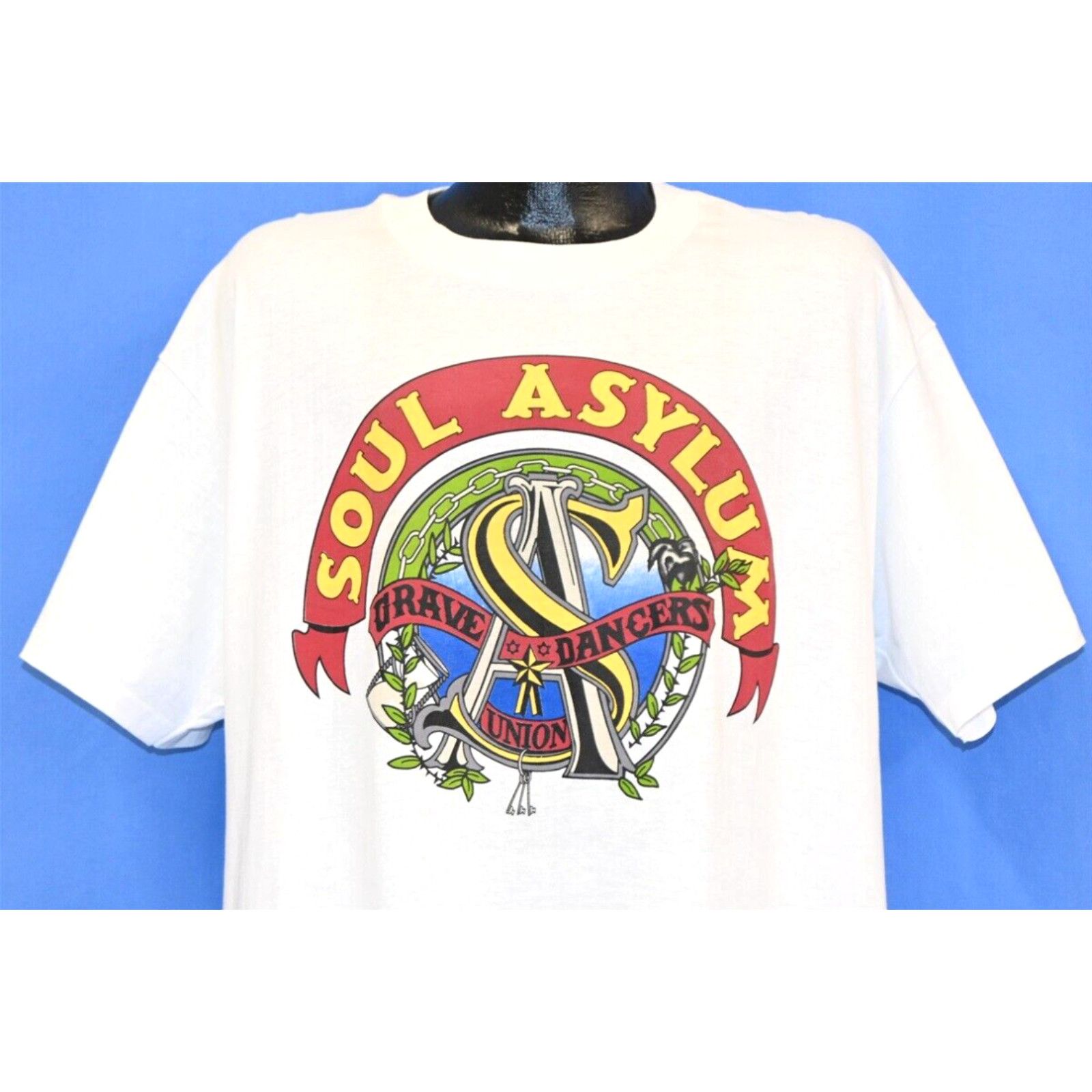 image of Vintage 90's Soul Asylum Grave Dancers Union Tour Grunge Alt Rock Band T-Shirt XL in White, Men's