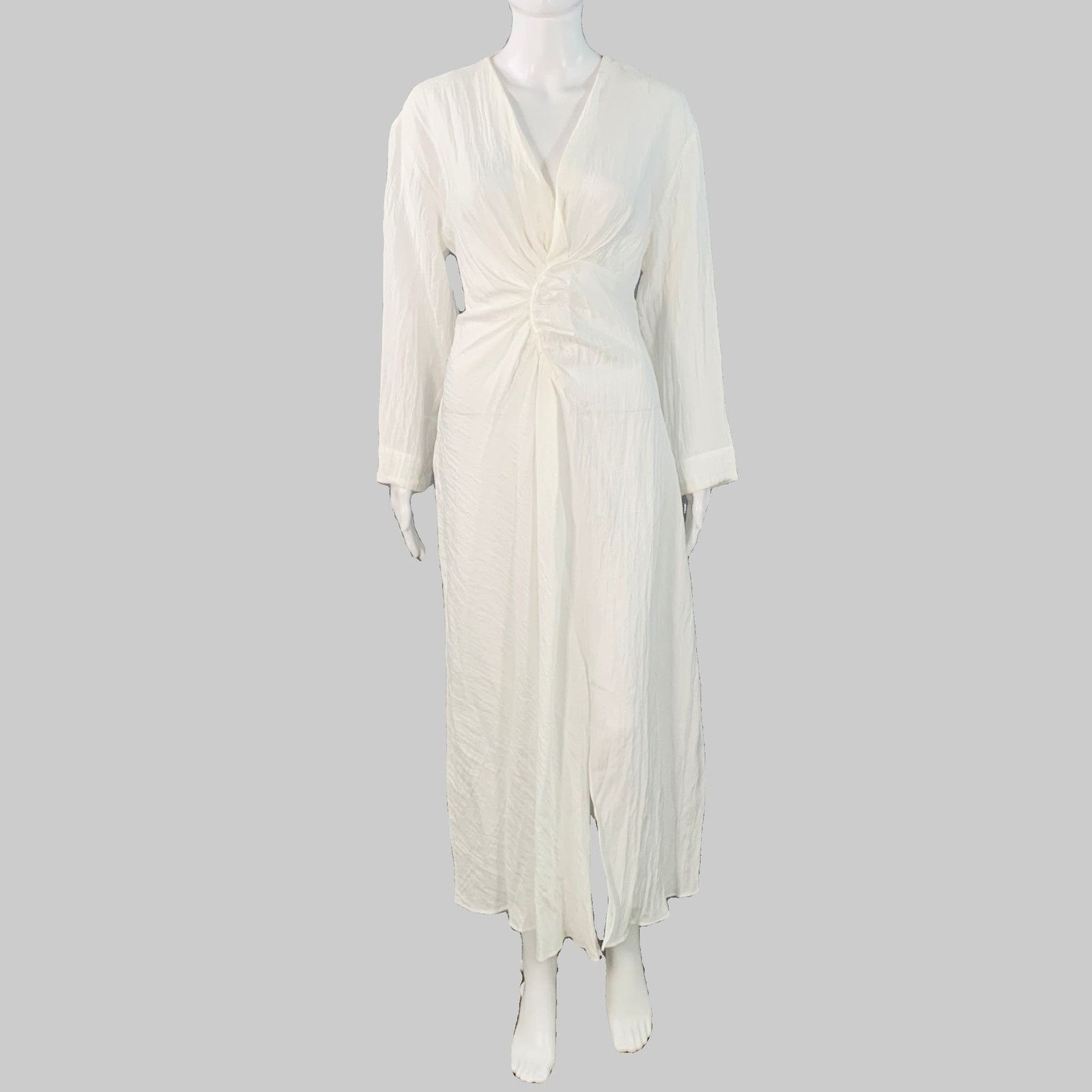 Sandro White Acetate Wrinkled Ruched Long Sleeve V-Neck Dress Size S / US 4 / IT 40 - 1 Thumbnail
