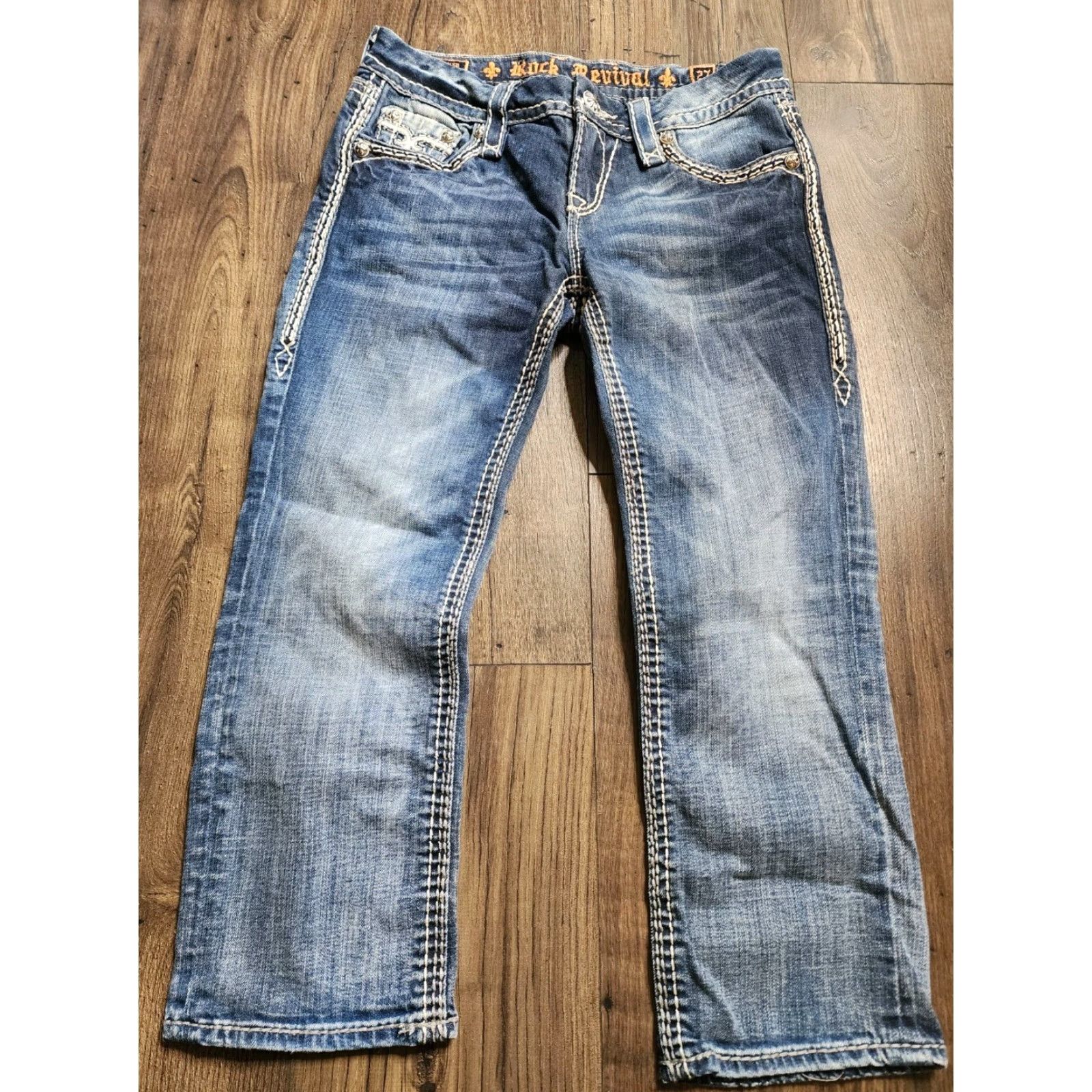 Vintage Rock Revival Kai Crop Jeans Womens 27 Blue Distressed Straight Leg Buckle Exclusive Size 27" / US 4 / IT 40 - 6 Thumbnail