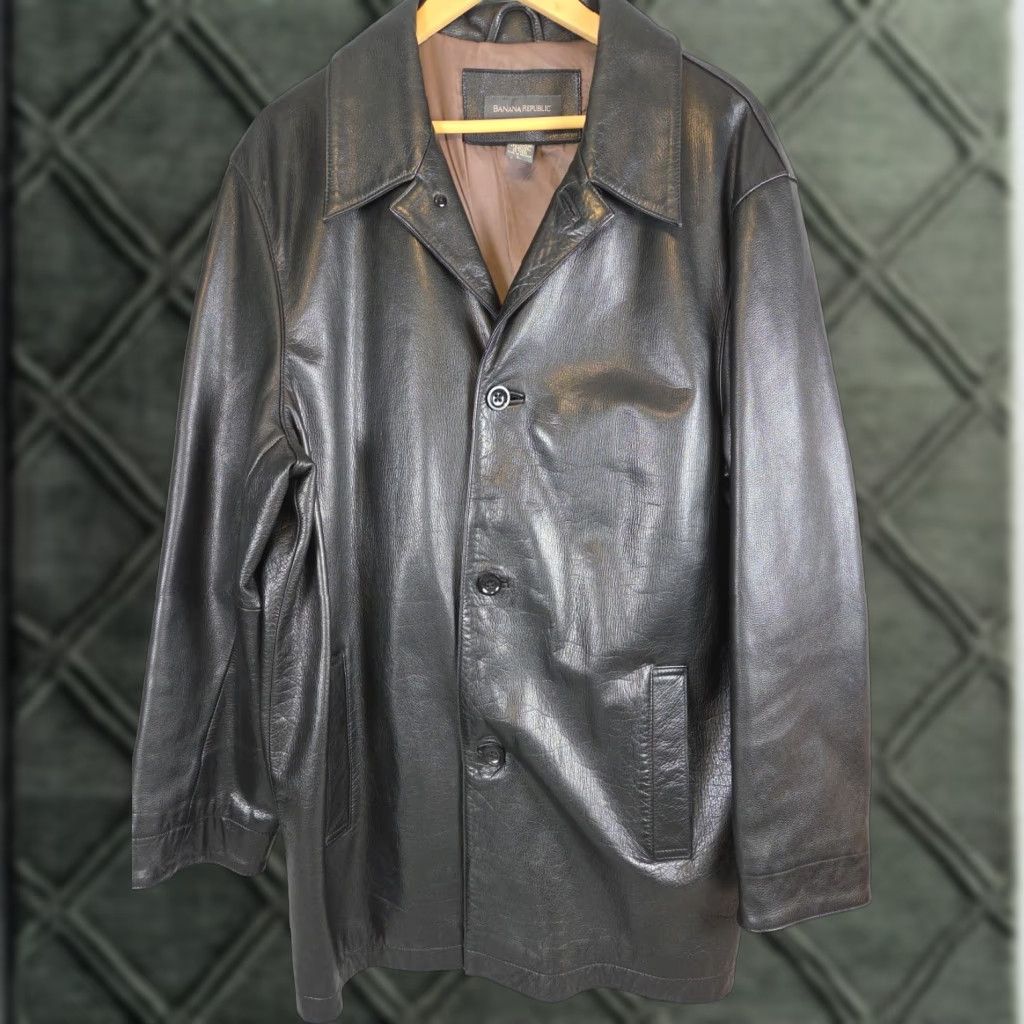 VINTAGE Banana Republic Leather Jacket Mens L Black Lined 3 Button