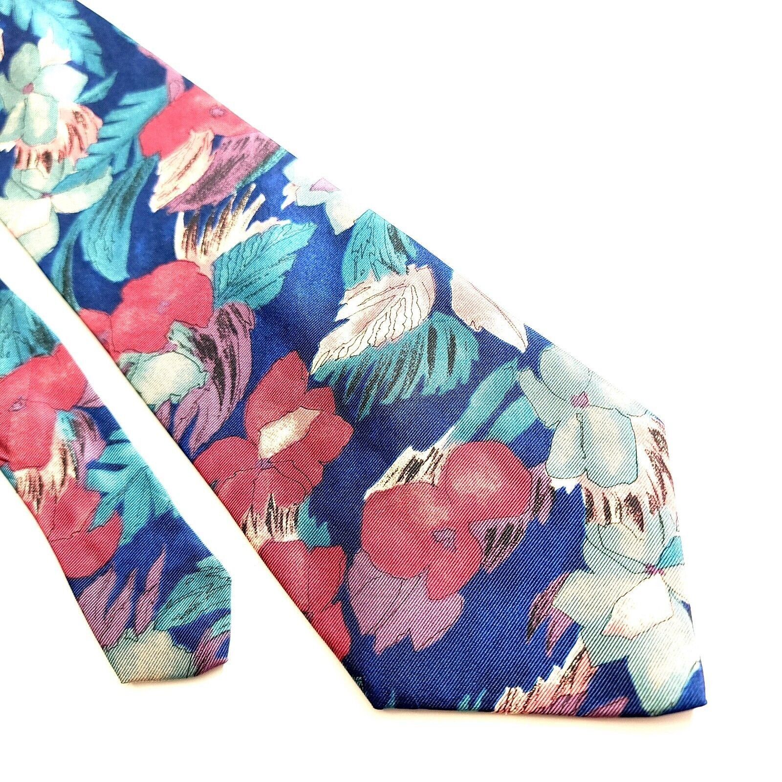 Vintage Hunting Horn Classics Blue Pink Floral Print Wide Silk Tie Size ONE SIZE - 1 Thumbnail