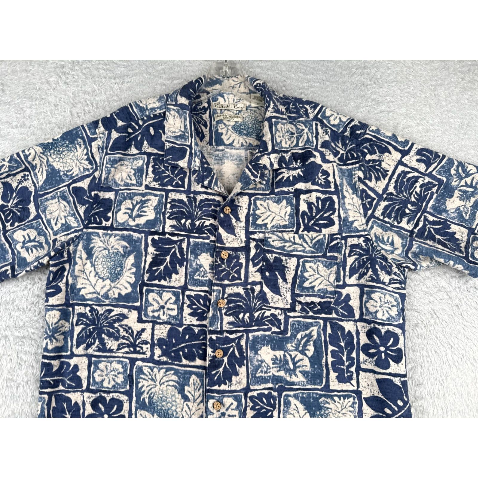 Vintage Batik Bay Shirt Men Large Blue White Floral Leaf Pineapple 100% Silk Hawaiian Size US L / EU 52-54 / 3 - 4 Thumbnail