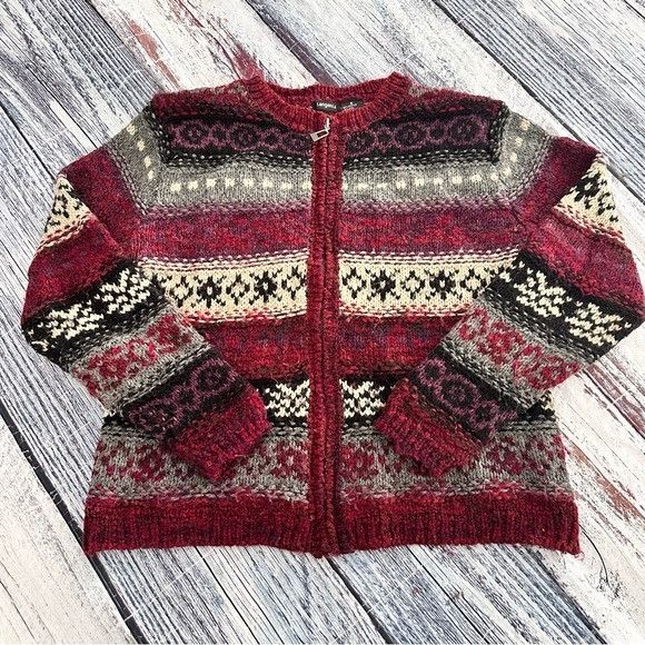 Vintage Vintage Tangents Patterned Wool Blend Zip-Up Sweater - Red a Size S / US 4 / IT 40 - 2 Thumbnail