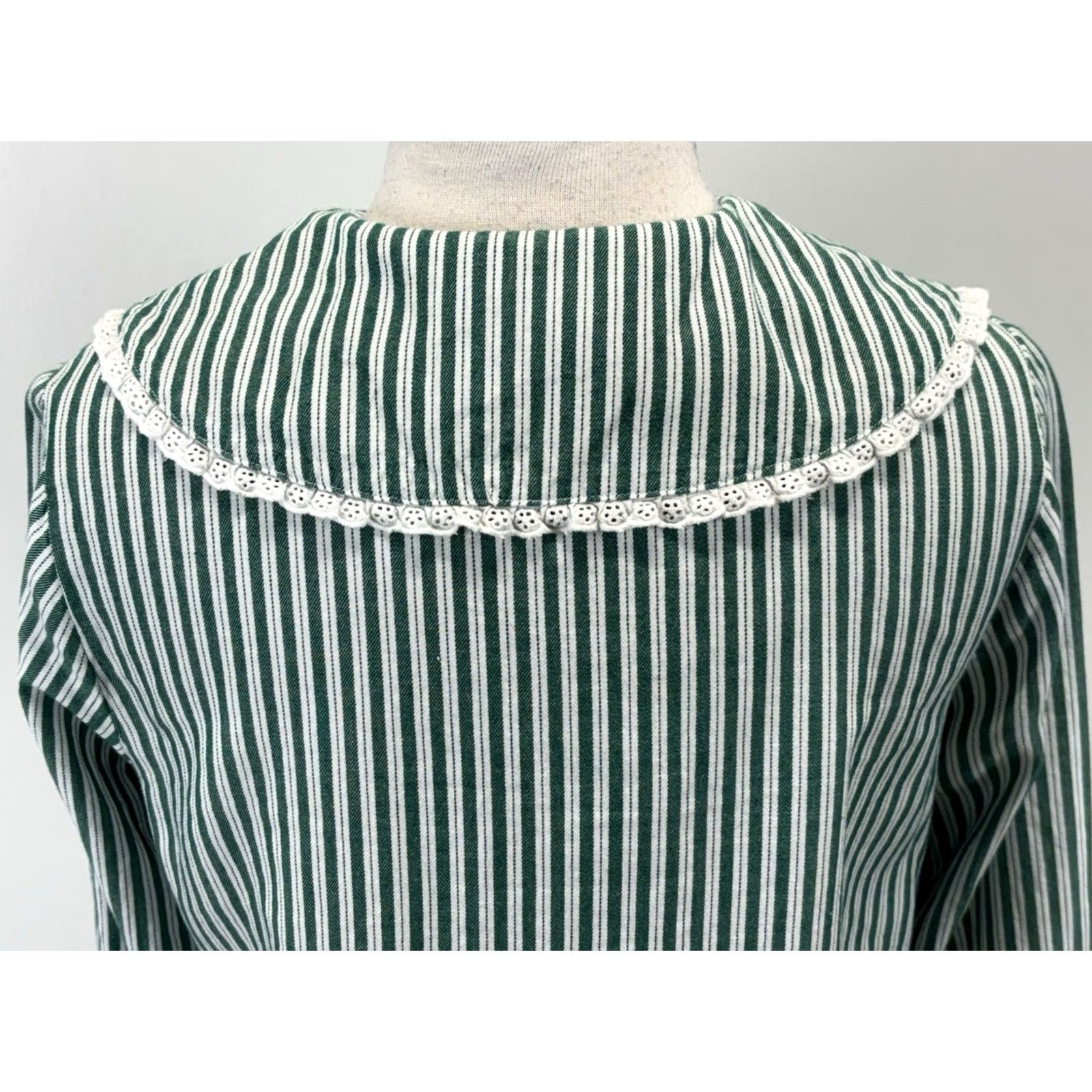 Vintage Rachel Ashwell Pajama Set Women’s S Green Stripe Eyelet Trim Cottage Core 2 Pc Threaded Cotton Shirt Button Collared Long Sleeve Adults Womens Size ONE SIZE - 7 Thumbnail