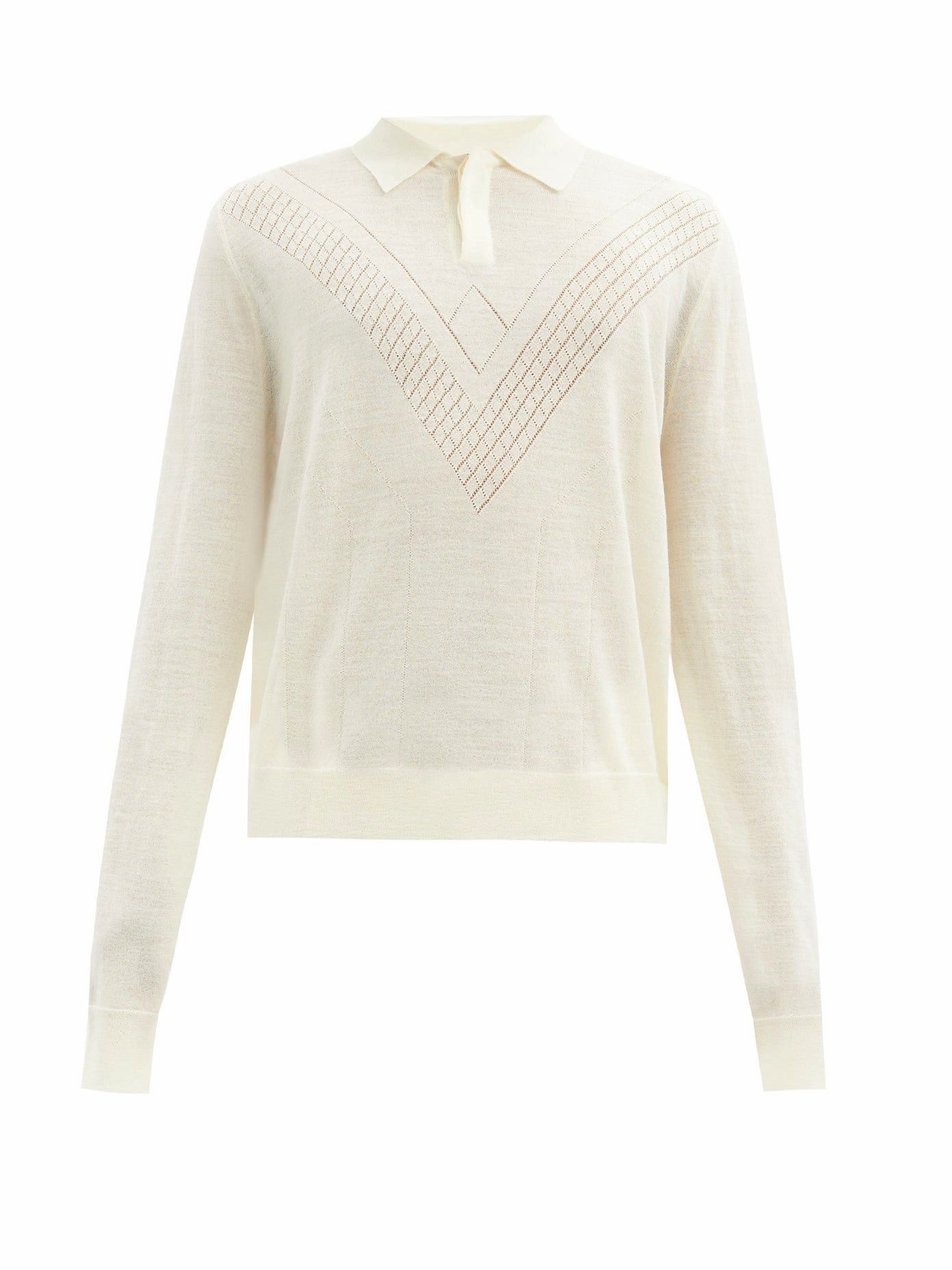 Jil Sander CHEVRON LADDER STITCHED OFF WHITE WOOL POLO SWEATER Size US M / EU 48-50 / 2 - 12 Thumbnail