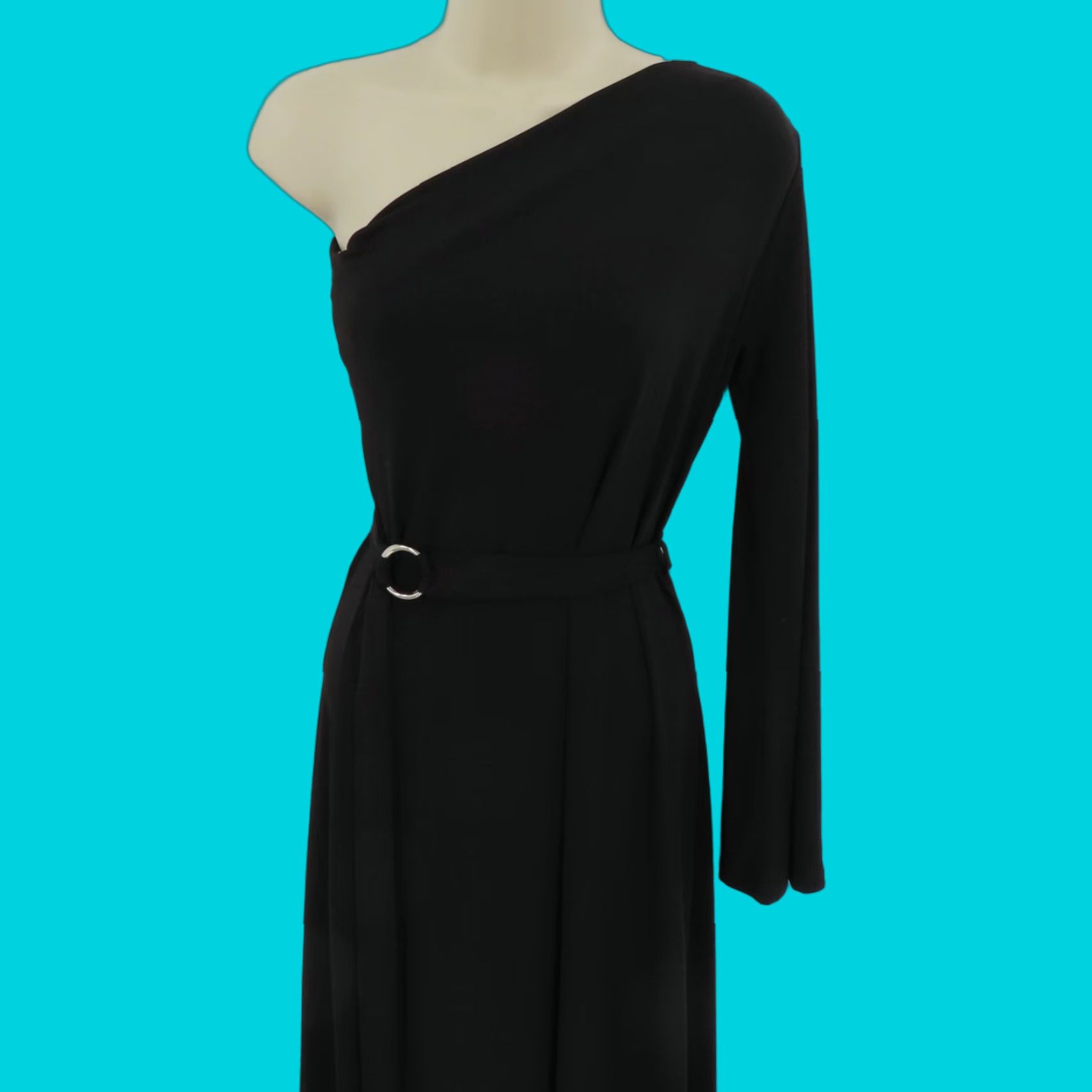 Vintage Ariella Womens Small Solid Black One Shoulder Long Sleeve Maxi Dress Slit Belted Size S / US 4 / IT 40 - 1 Thumbnail