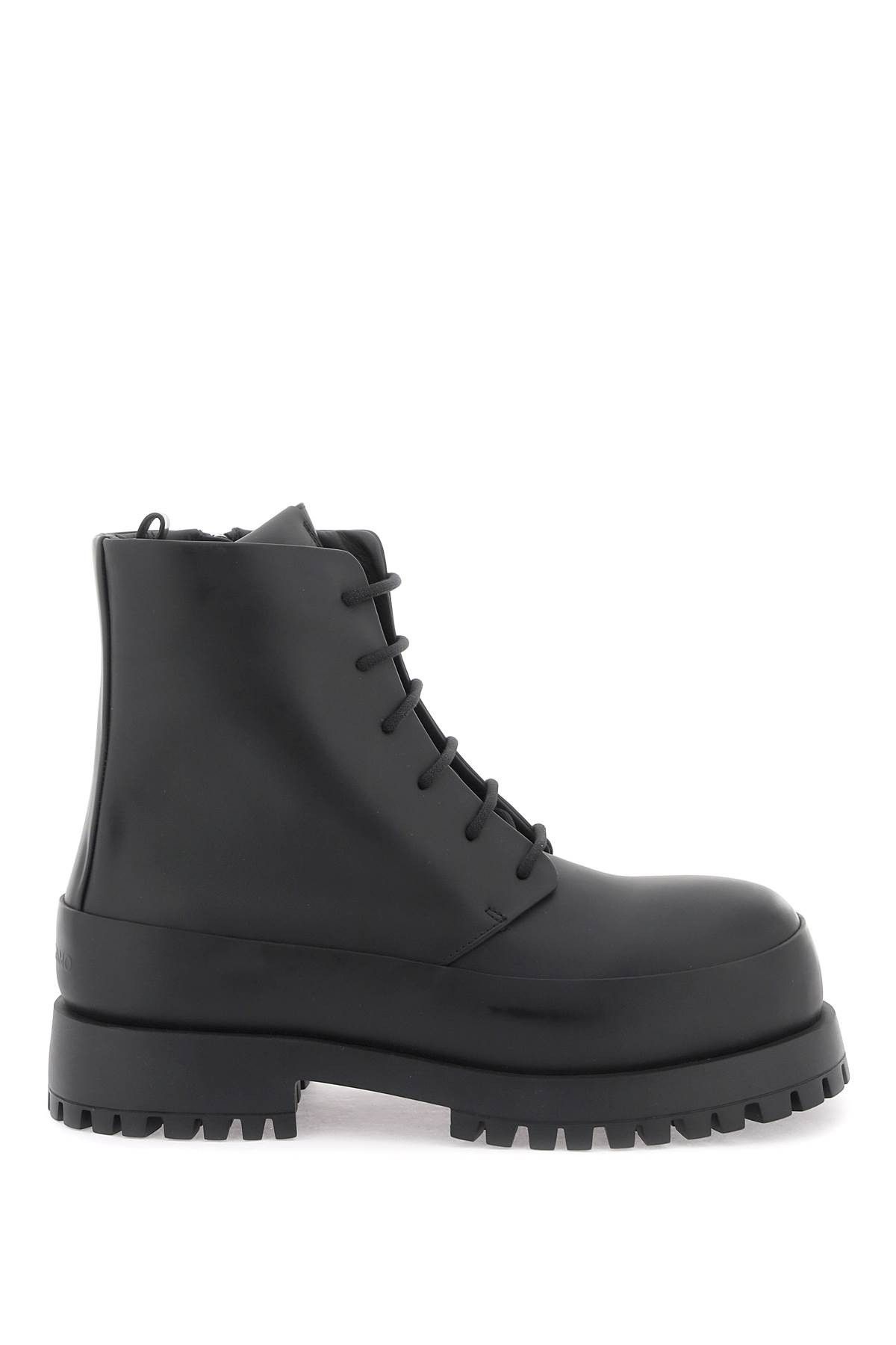 image of Salvatore Ferragamo Ferragamo Rubberized Leather Combat Boots in Black, Men's (Size 8)