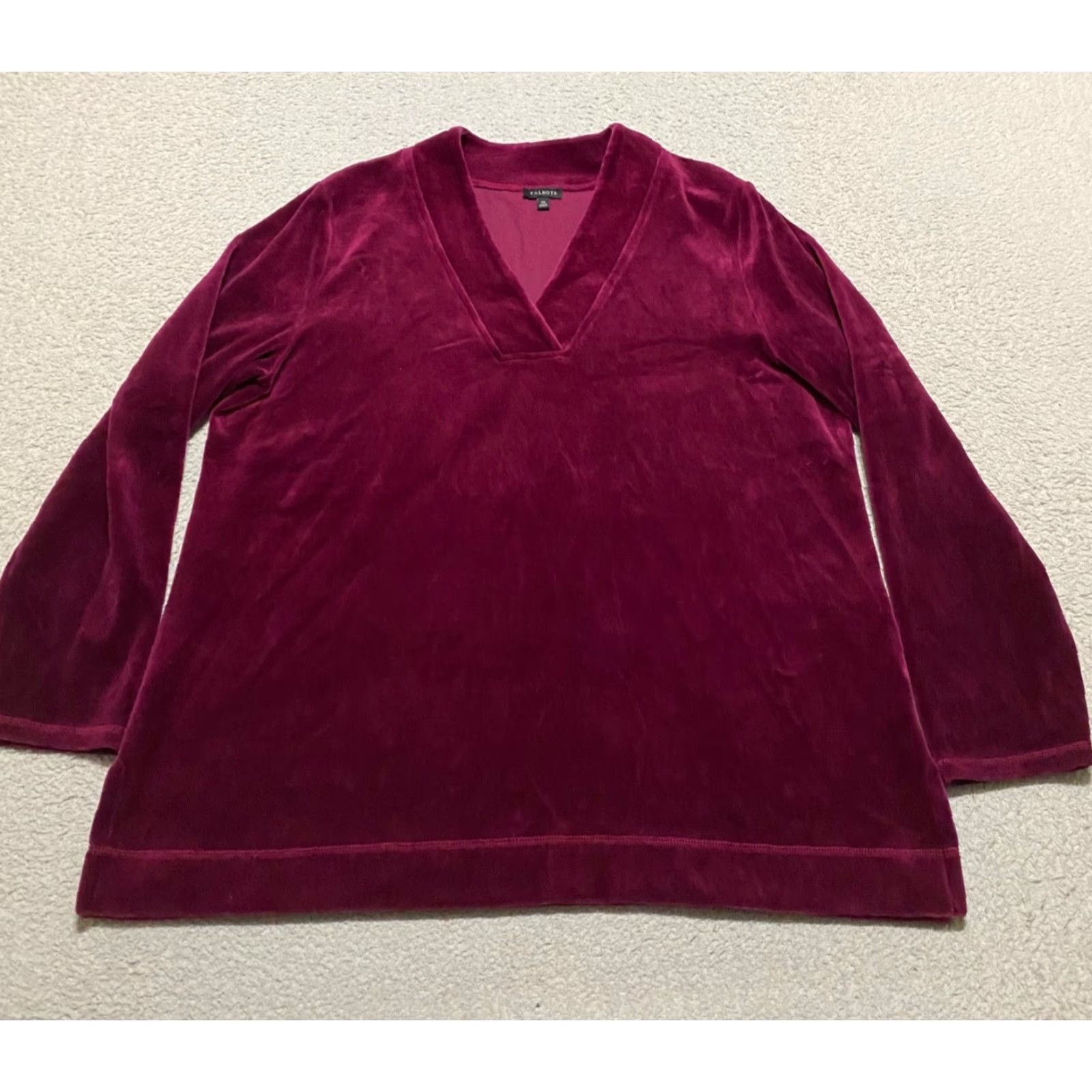 Talbots Talbots Womens XL Top Pullover Shirt V-Neck Velvet Velour Red 100% Cotton Blend Stretch Easy Care Casual Workwear Size XL / US 12-14 / IT 48-50 - 2 Thumbnail