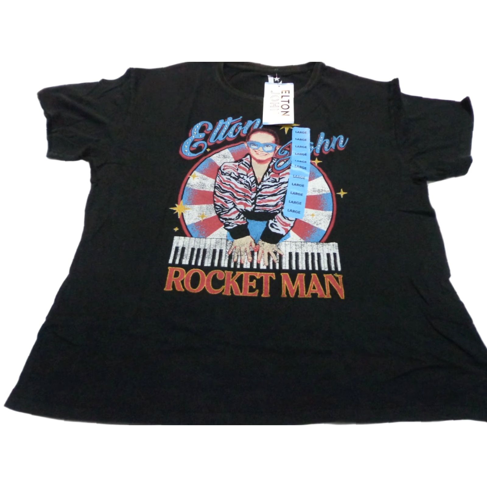 Vintage Elton John Rocket Man T-Shirt Black Women Large Regular Fit Rhinestones Crew Neck Casual Short Sleeve Tee Size L / US 10 / IT 46 - 1 Thumbnail