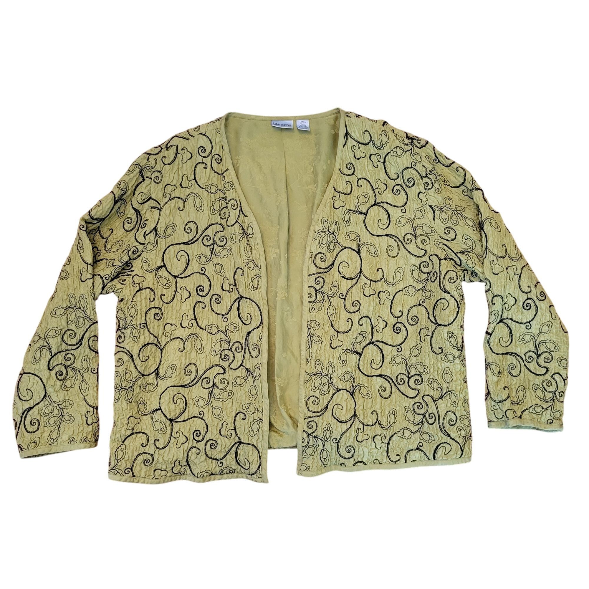 Chicos Chicos 3 Green Black Silk Embroidered Open Front Jacket XL 1 Size XL / US 12-14 / IT 48-50 - 1 Thumbnail