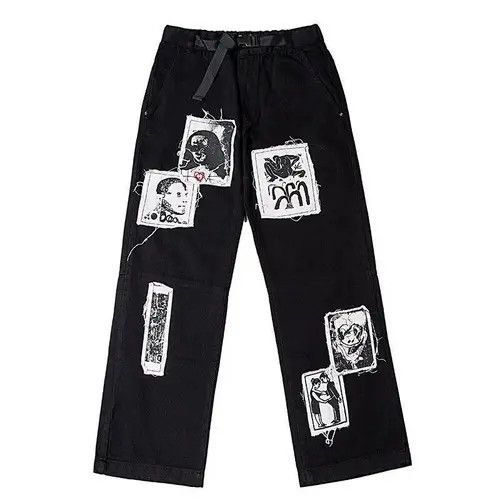 image of Vintage Japanese Style Punk Jeans With Patches in Black, Men's (Size 32)